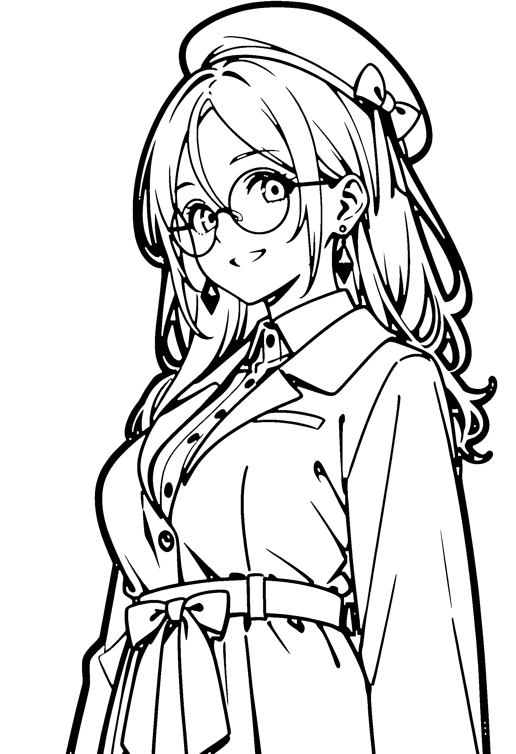 Black and white line art coloring page of an anime girl with long hair, collared shirt, beret, glasses and grinning