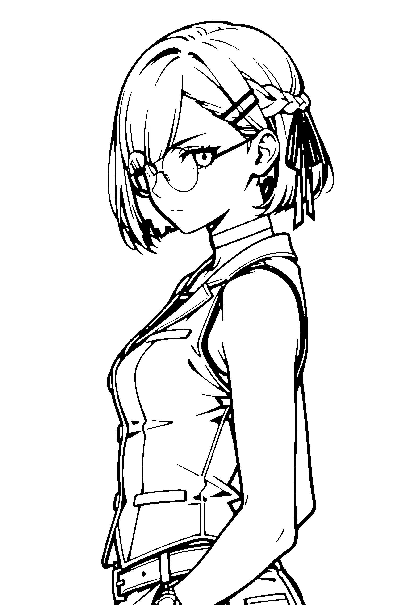 Black and white line art coloring page of an anime girl with bob cut, braid, vest, glasses, choker and serious