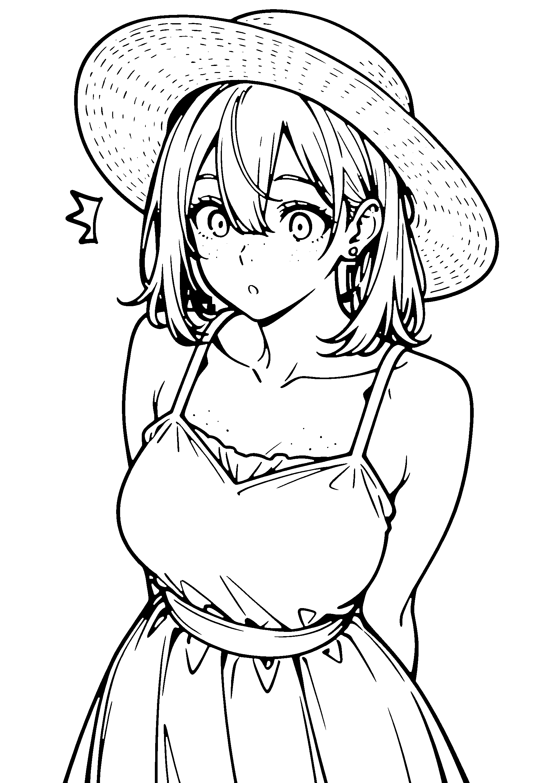 Black and white line art coloring page of an anime girl with medium hair, dress, sun hat and surprised