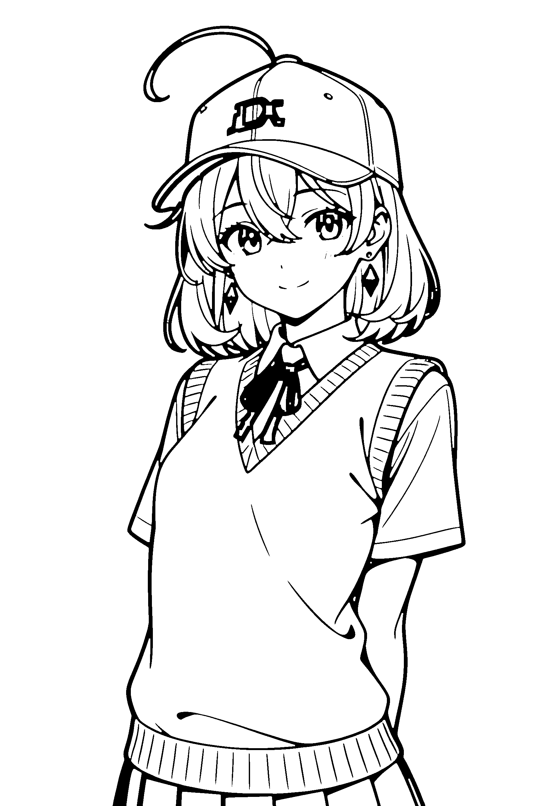 Black and white line art coloring page of an anime girl with medium hair, sweater vest, cap, ribbon and smiling