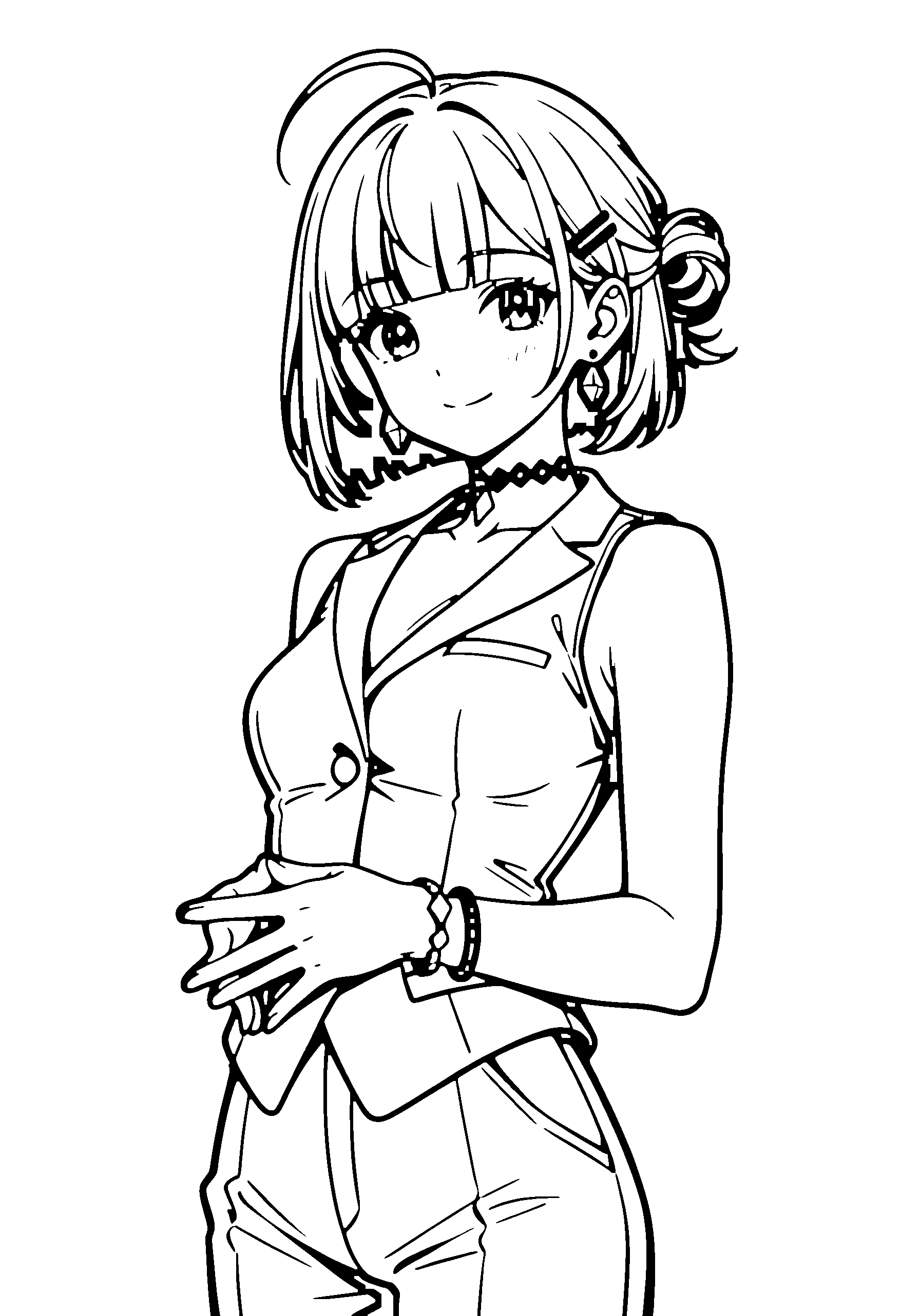 Black and white line art coloring page of an anime girl with bob cut, hair bun, suit, choker and smiling