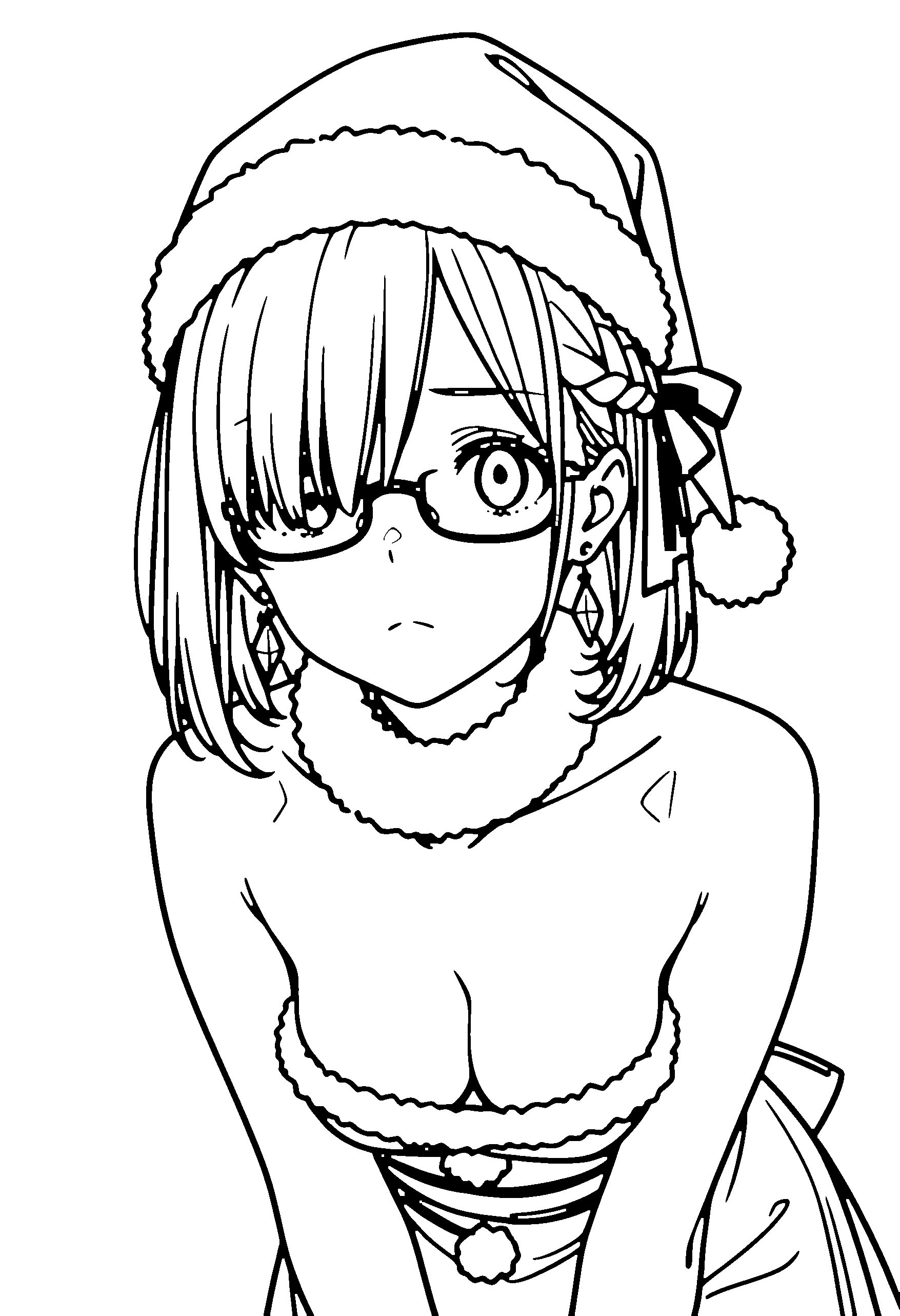 Black and white line art coloring page of an anime girl with santa costume, medium hair, braid, glasses and frowning