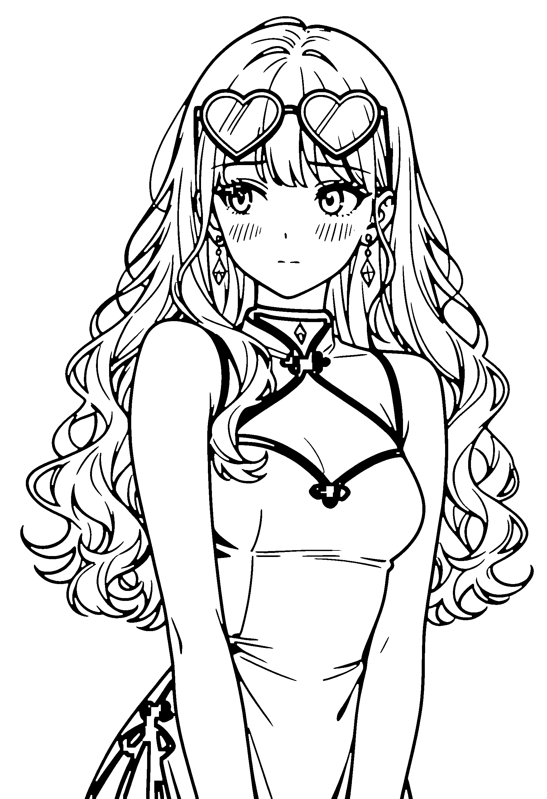 Black and white line art coloring page of an anime girl with long hair, wavy hair, chinese dress, glasses, choker and shy