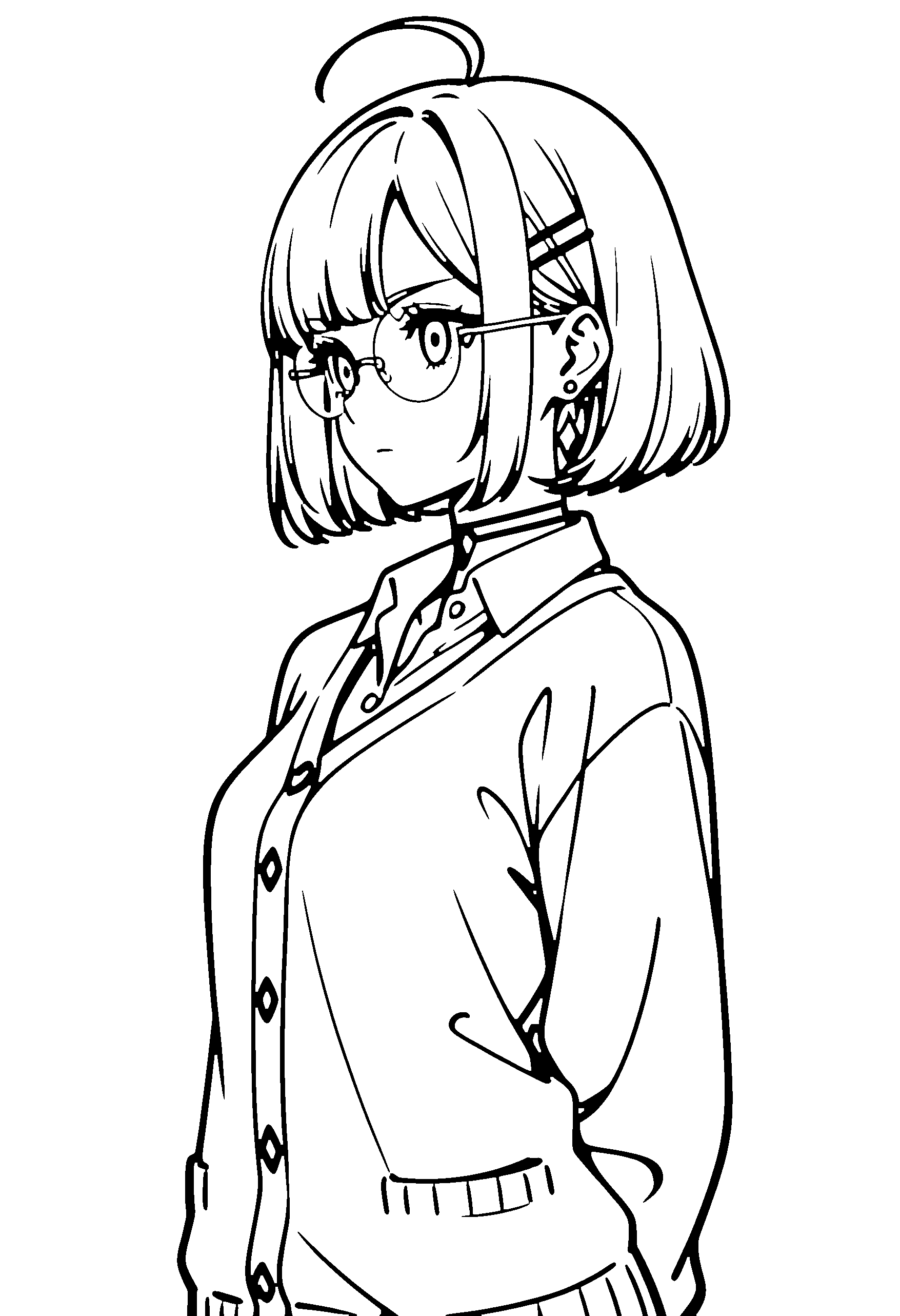 Black and white line art coloring page of an anime girl with bob cut, collared shirt, glasses, choker and serious
