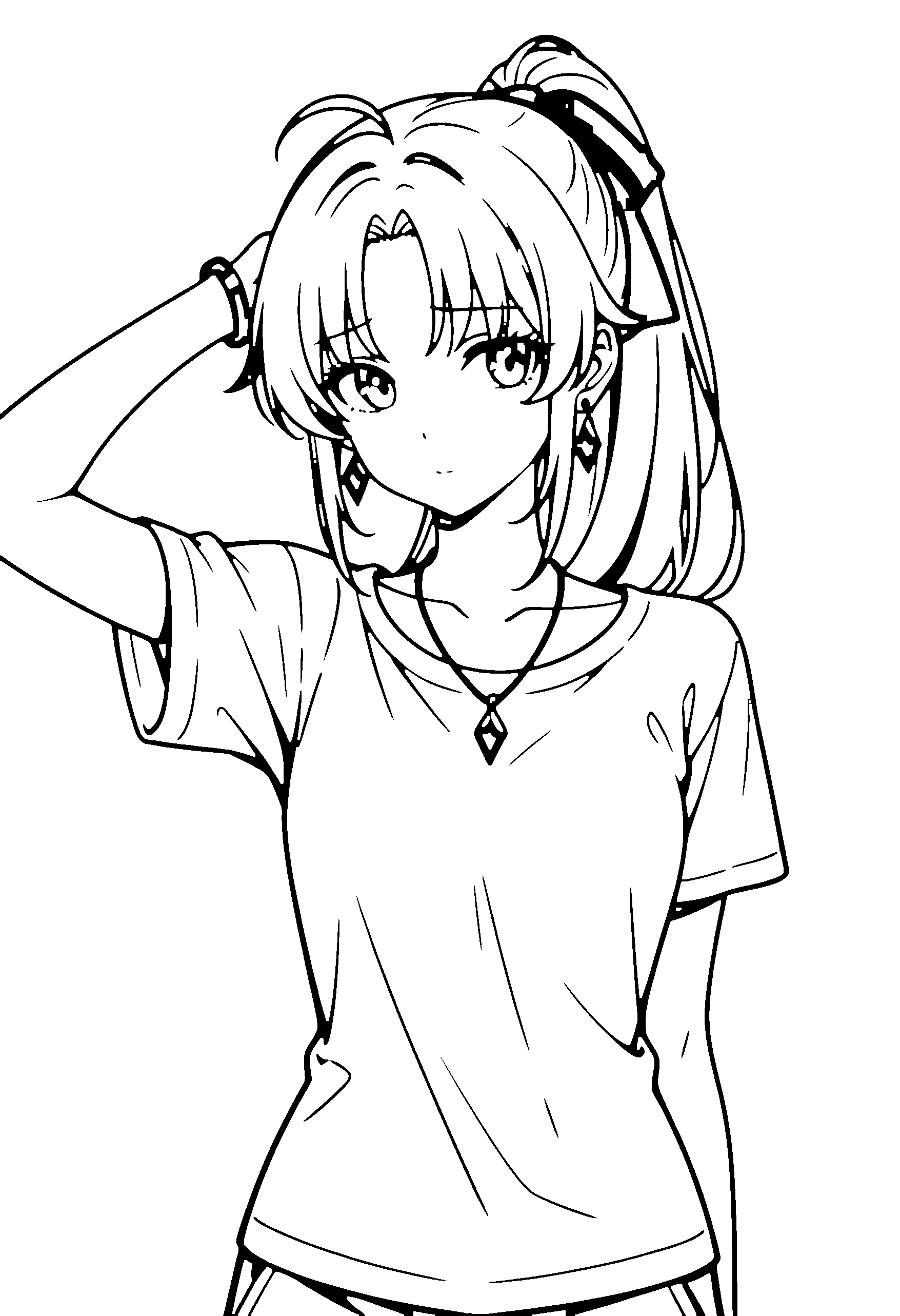 Black and white line art coloring page of an anime girl with long hair, ponytail, t-shirt, necklace and shy