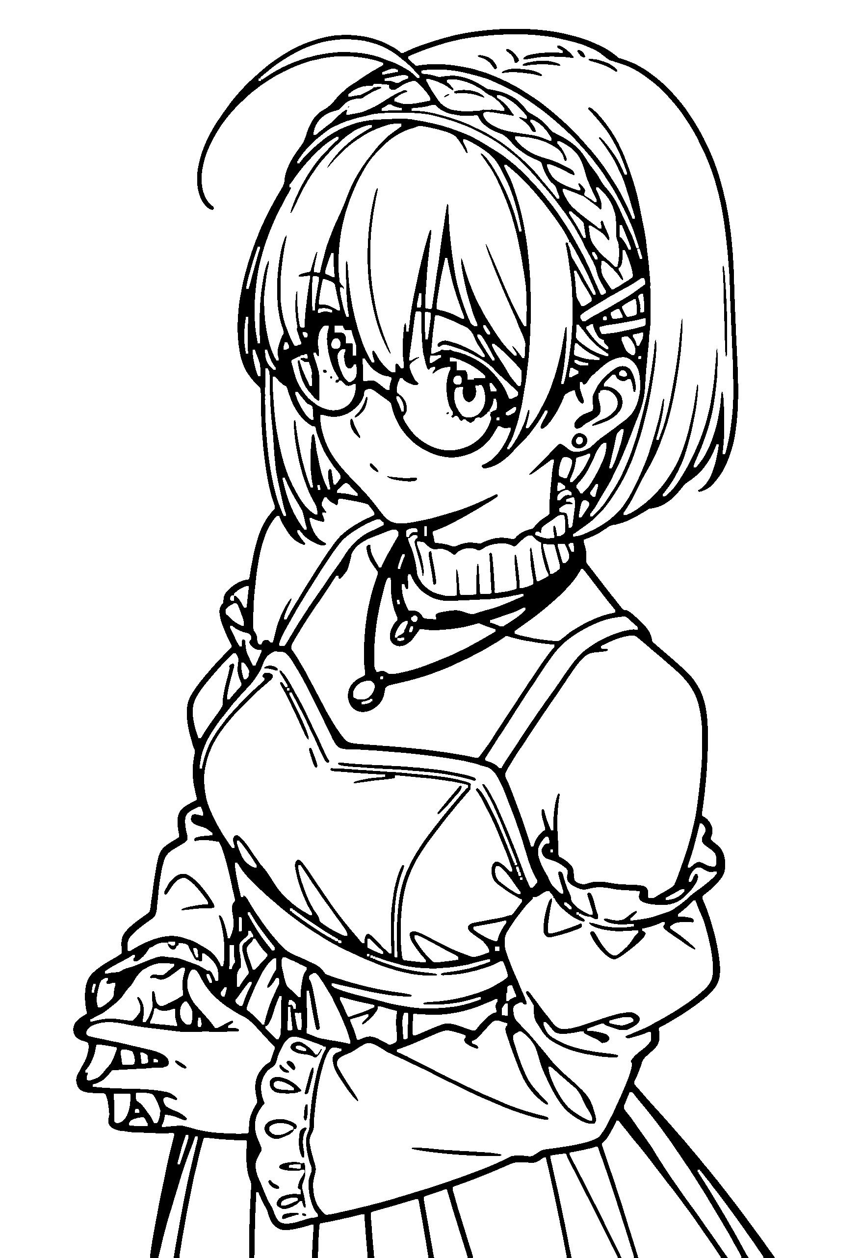Black and white line art coloring page of an anime girl with bob cut, braid, dress, headband, glasses, necklace and smiling