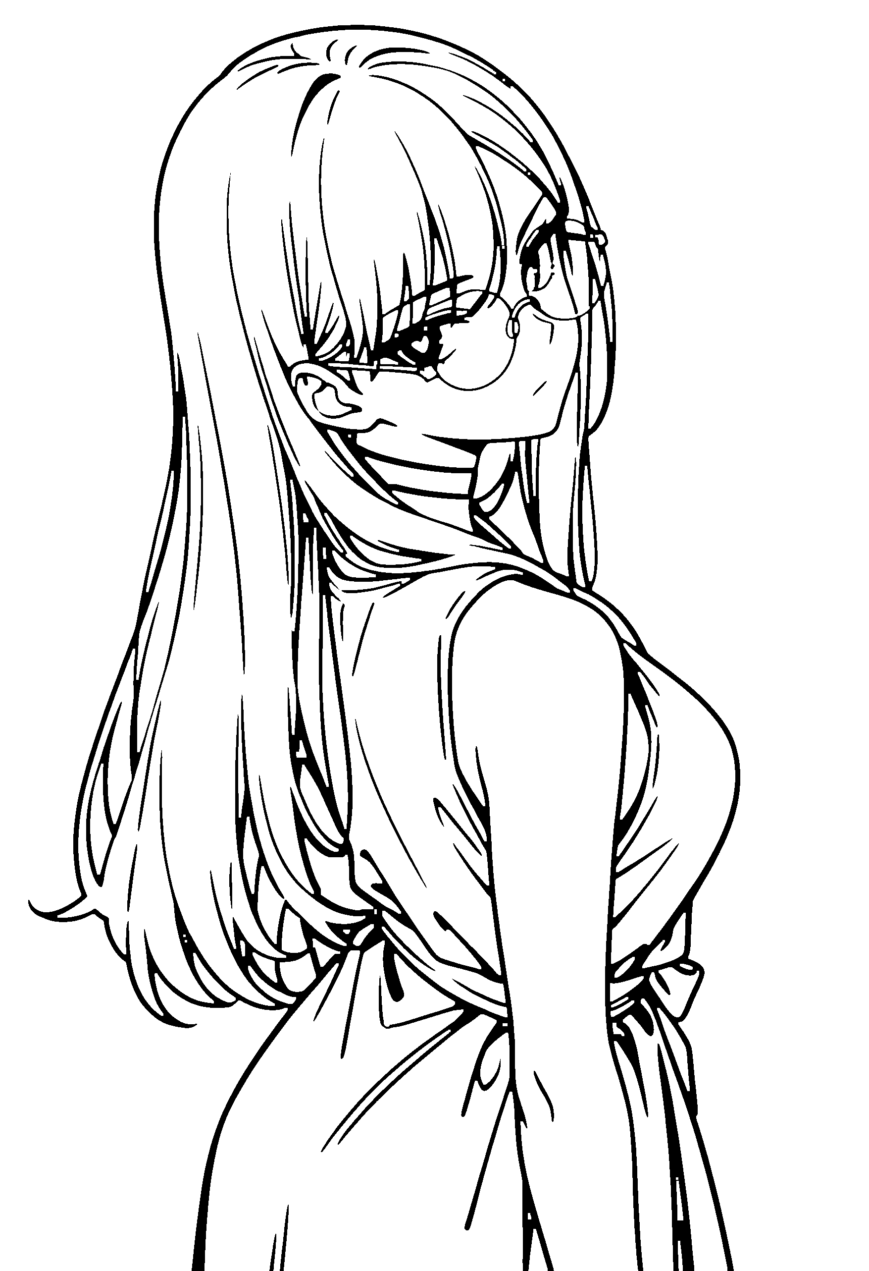 Black and white line art coloring page of an anime girl with long hair, robe, glasses, choker and serious