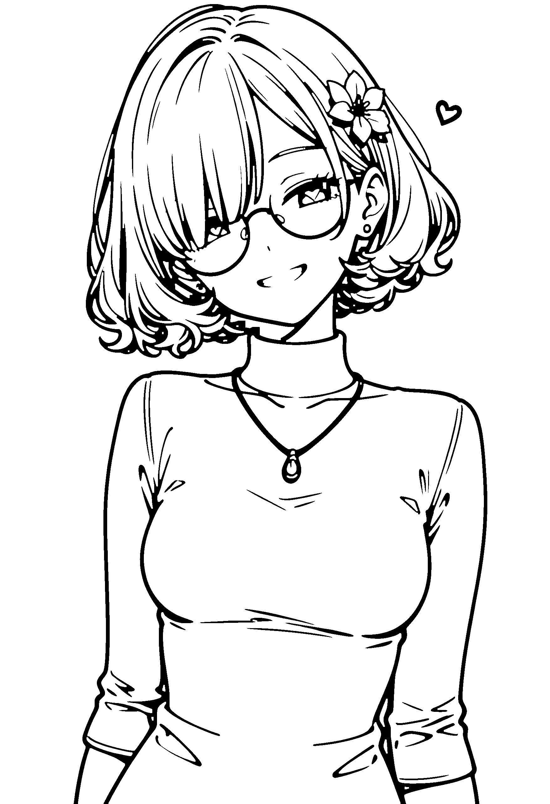 Black and white line art coloring page of an anime girl with bob cut, wavy hair, turtleneck, hair flower, glasses, necklace and grinning