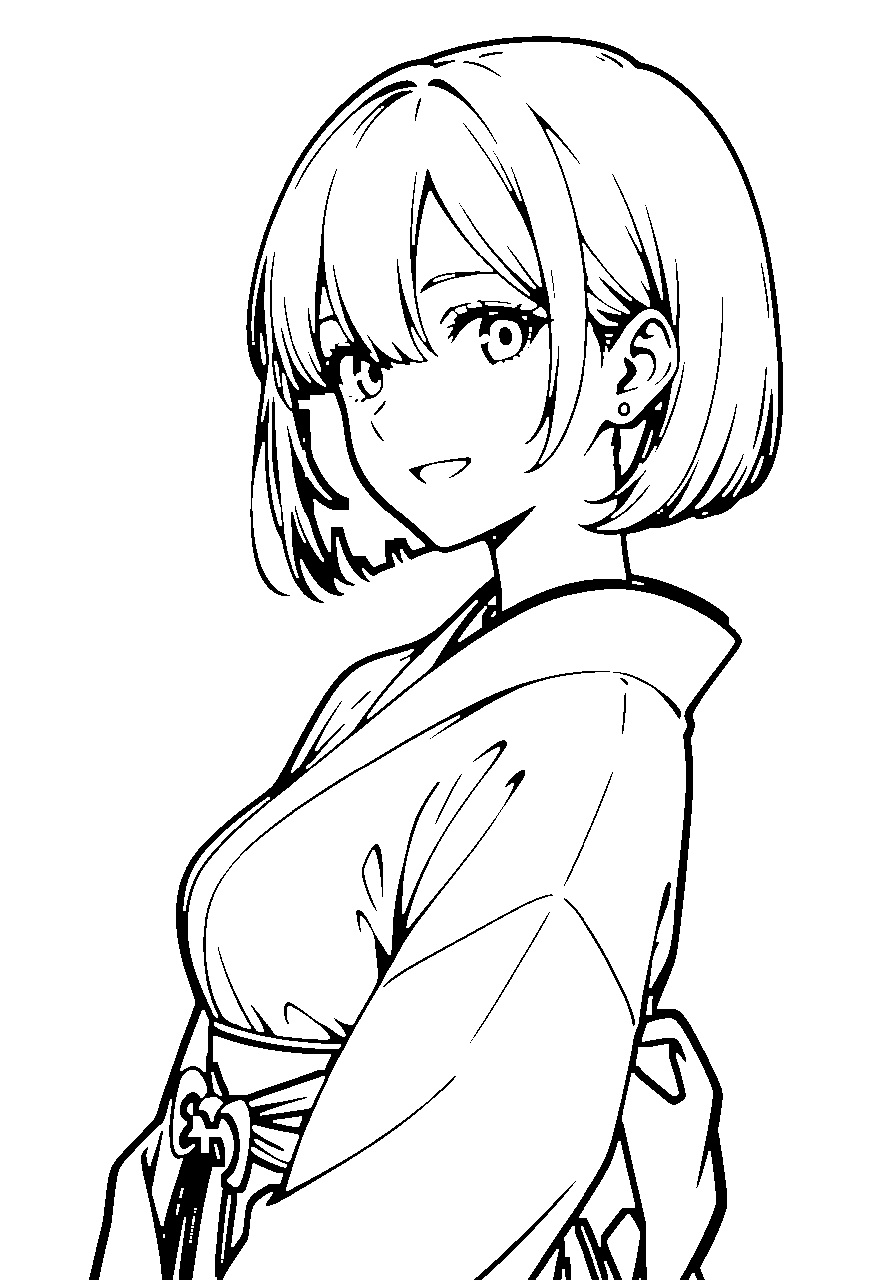 Black and white line art coloring page of an anime girl with bob cut, kimono and smiling