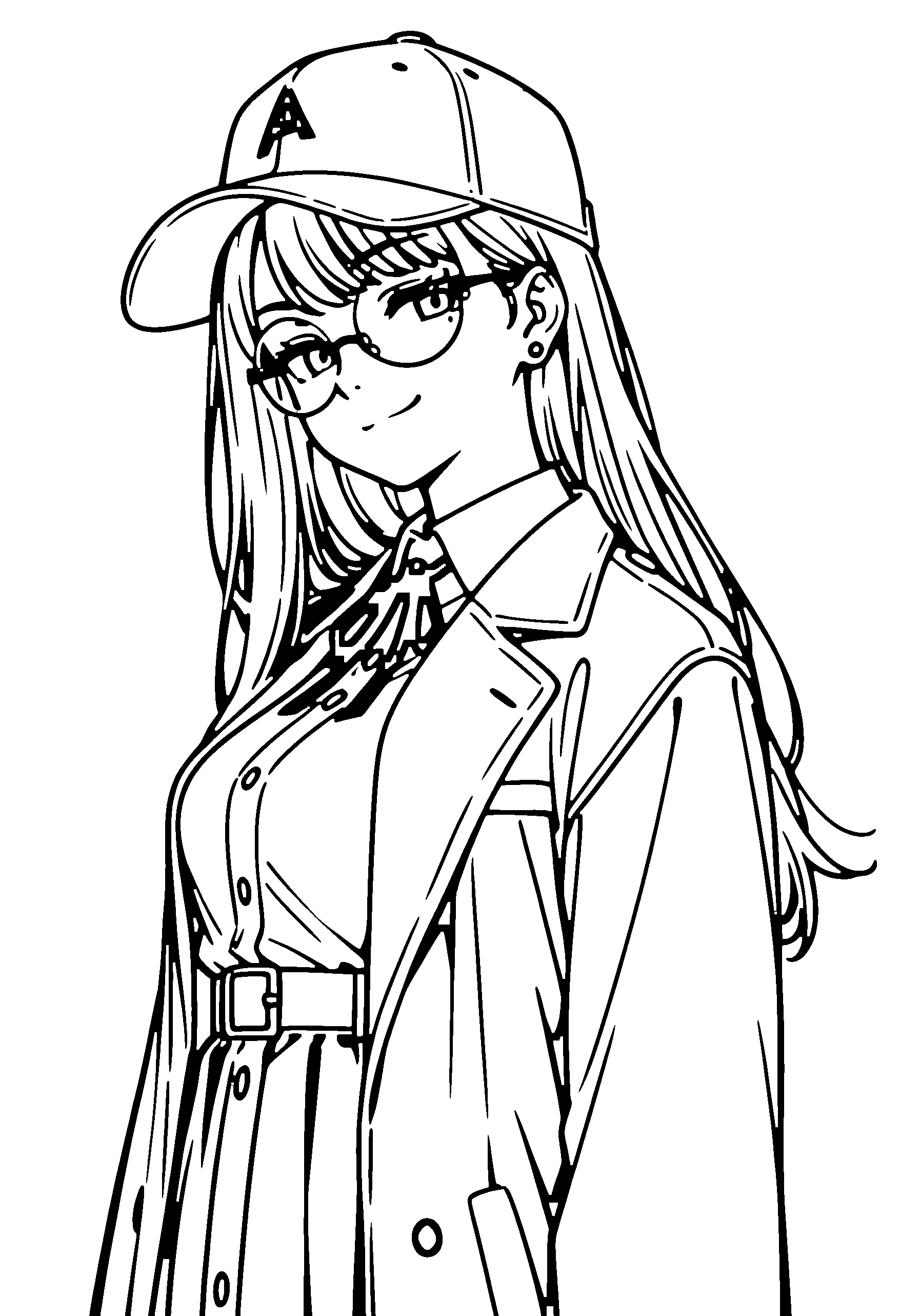 Black and white line art coloring page of an anime girl with long hair, collared shirt, cap, glasses, ribbon and smiling