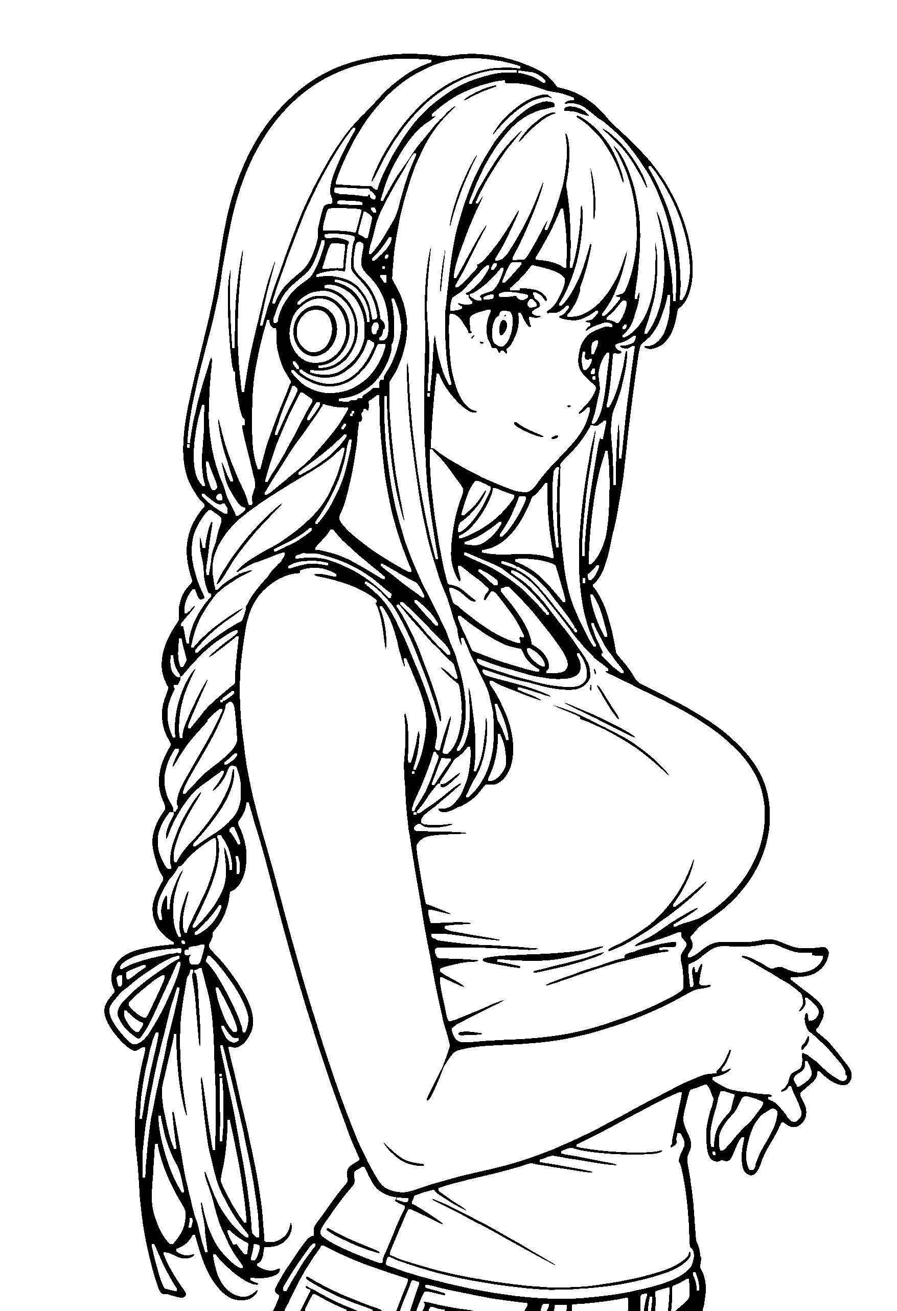 Black and white line art coloring page of an anime girl with long hair, braid, shirt, headphones, necklace and smiling