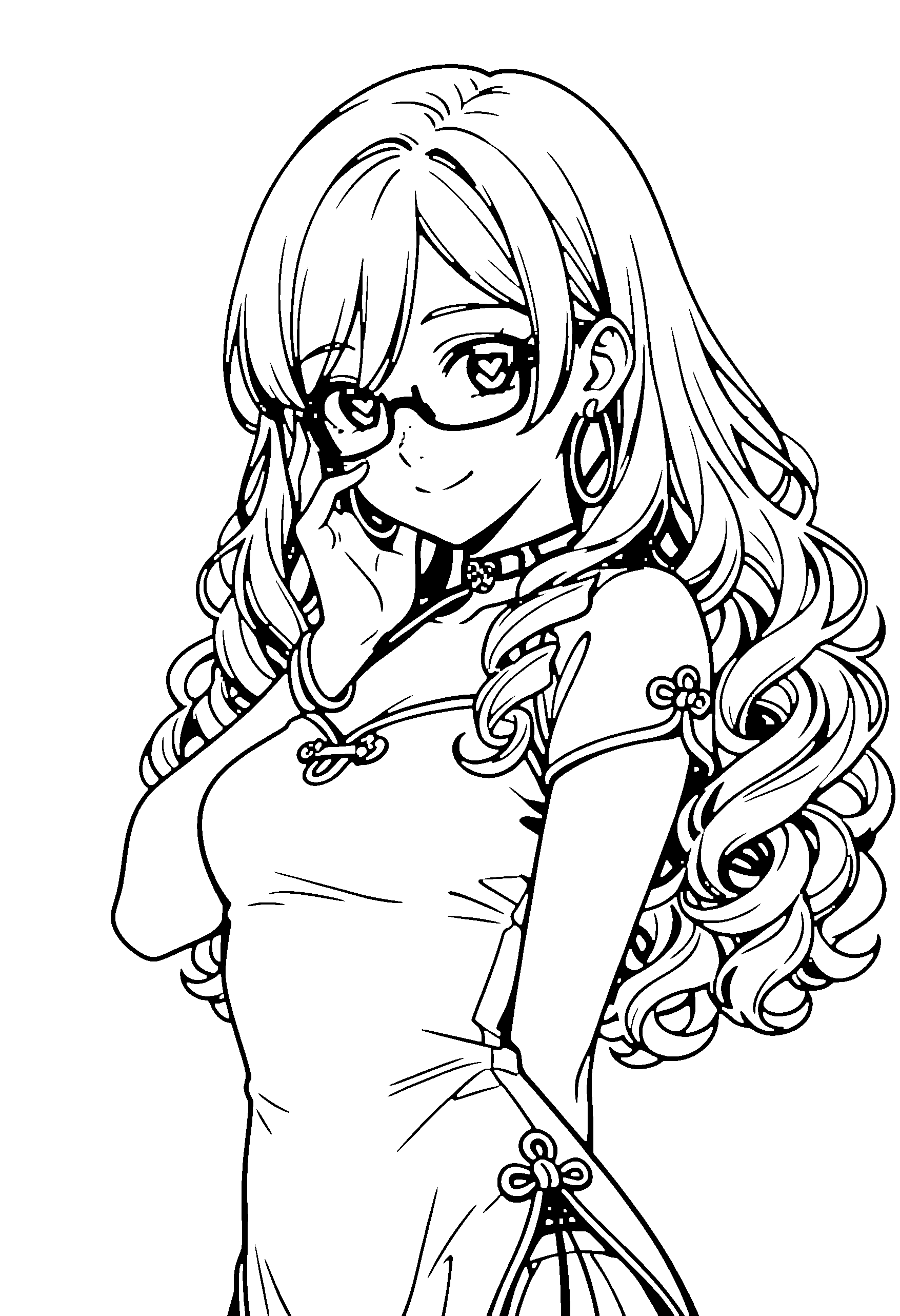 Black and white line art coloring page of an anime girl with long hair, curly hair, chinese dress, glasses, choker and smiling