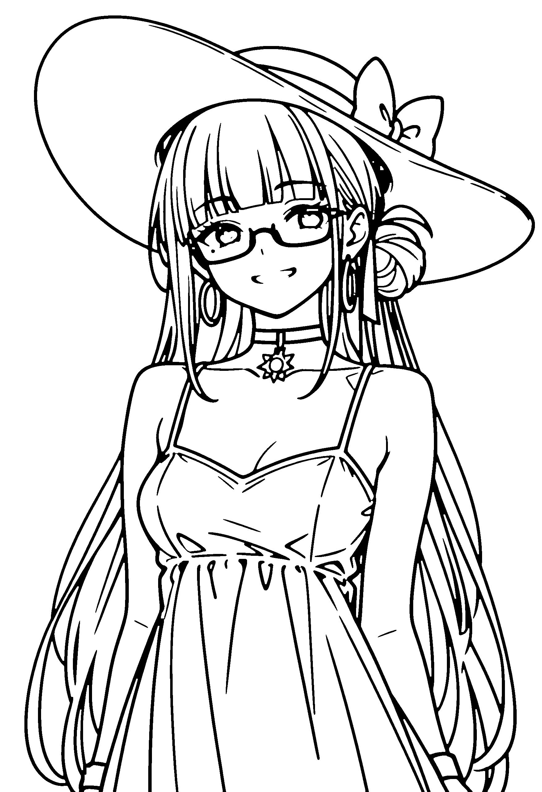 Black and white line art coloring page of an anime girl with long hair, hair bun, dress, sun hat, glasses, choker and grinning