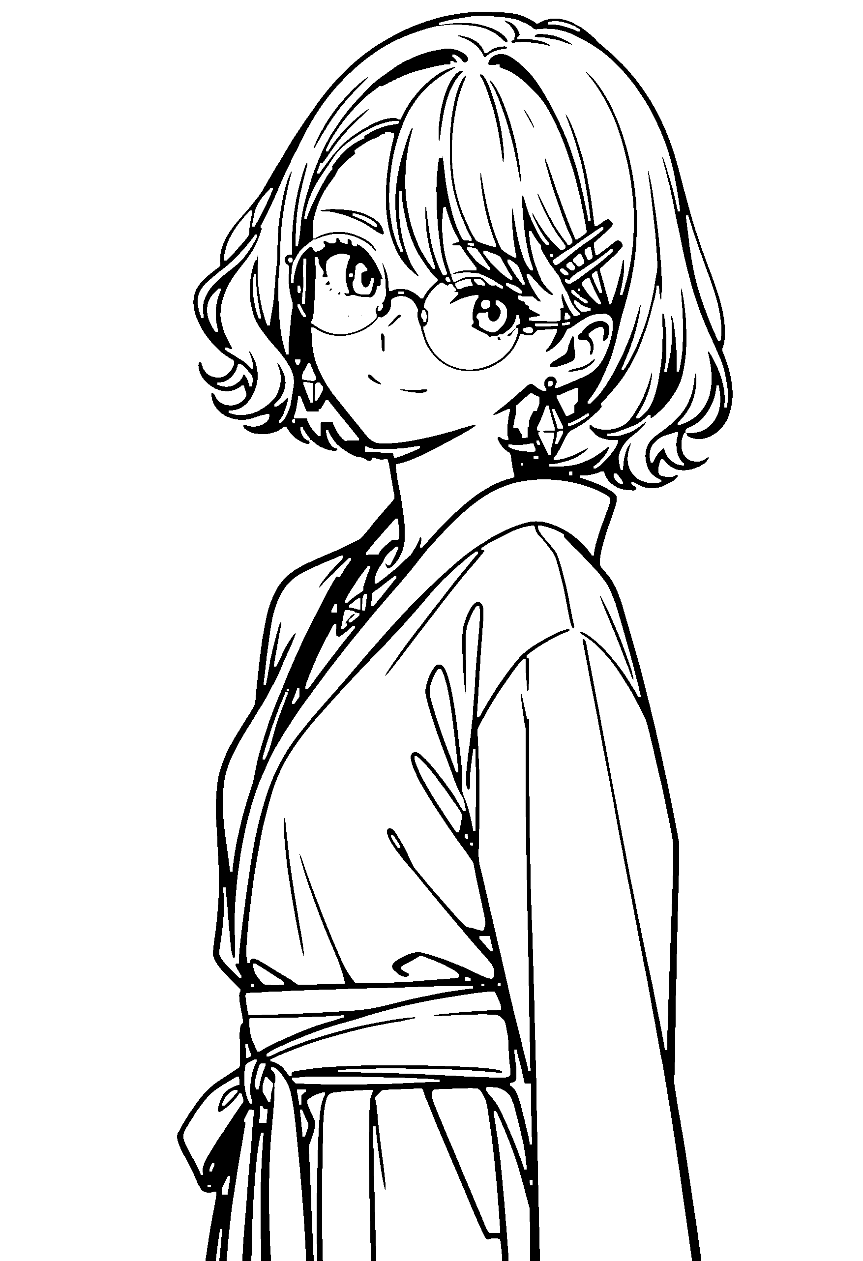 Black and white line art coloring page of an anime girl with bob cut, wavy hair, kimono, glasses, necklace and smiling