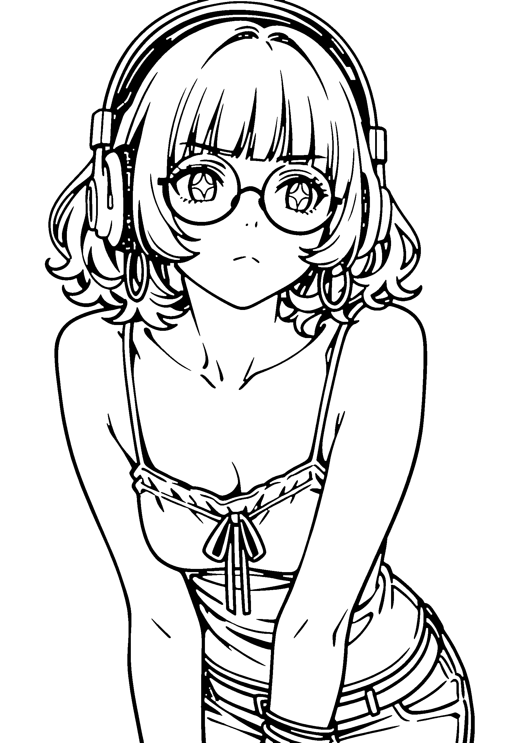 Black and white line art coloring page of an anime girl with bob cut, wavy hair, camisole, headphones, glasses and frowning
