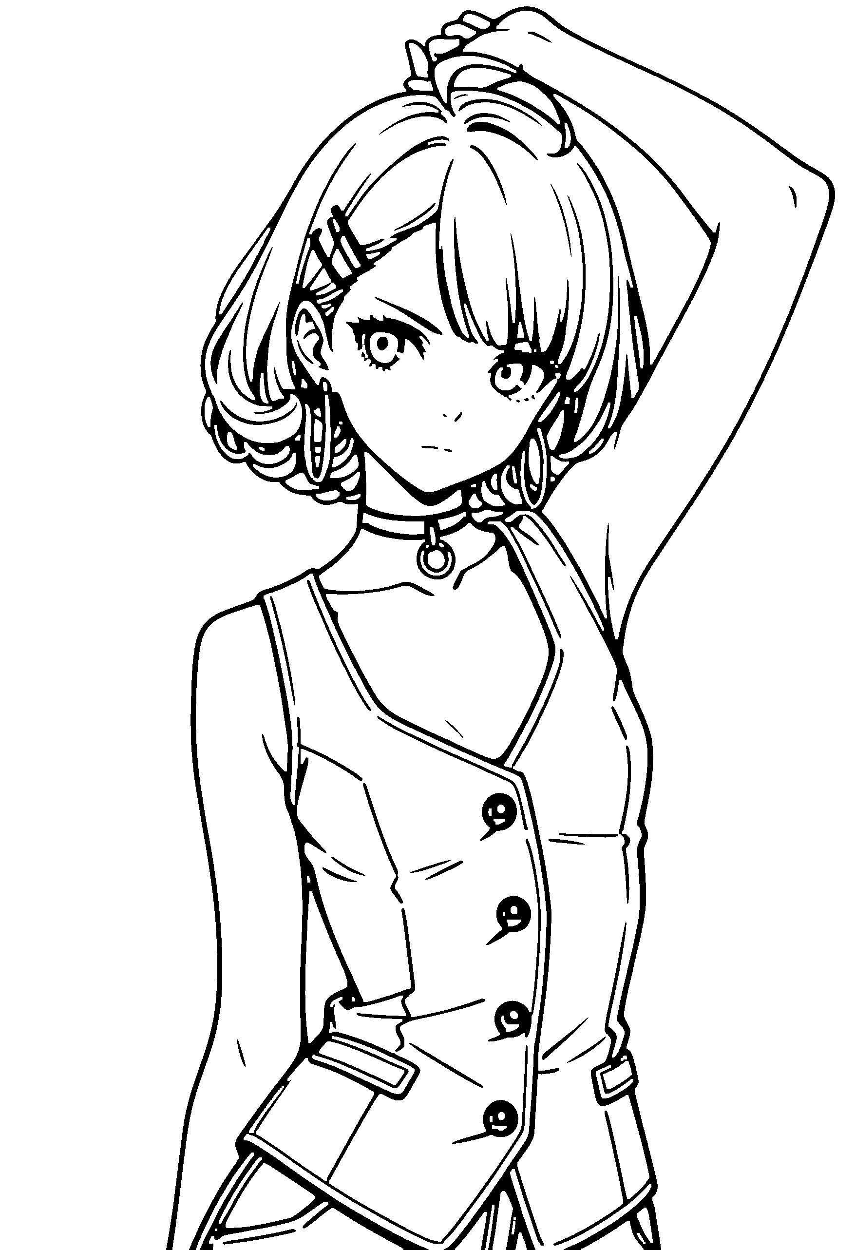 Black and white line art coloring page of an anime girl with bob cut, curly hair, vest, choker and serious