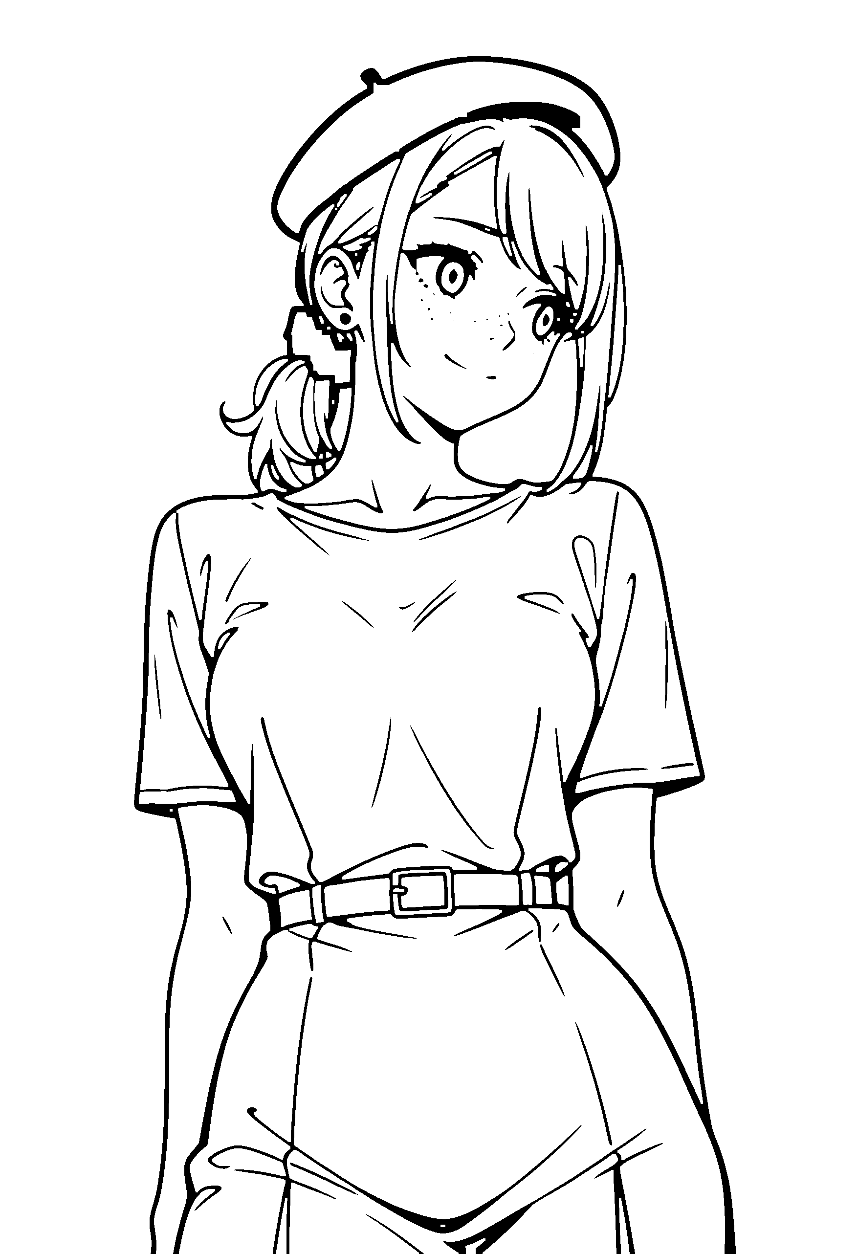 Black and white line art coloring page of an anime girl with medium hair, ponytail, dress, beret and shy