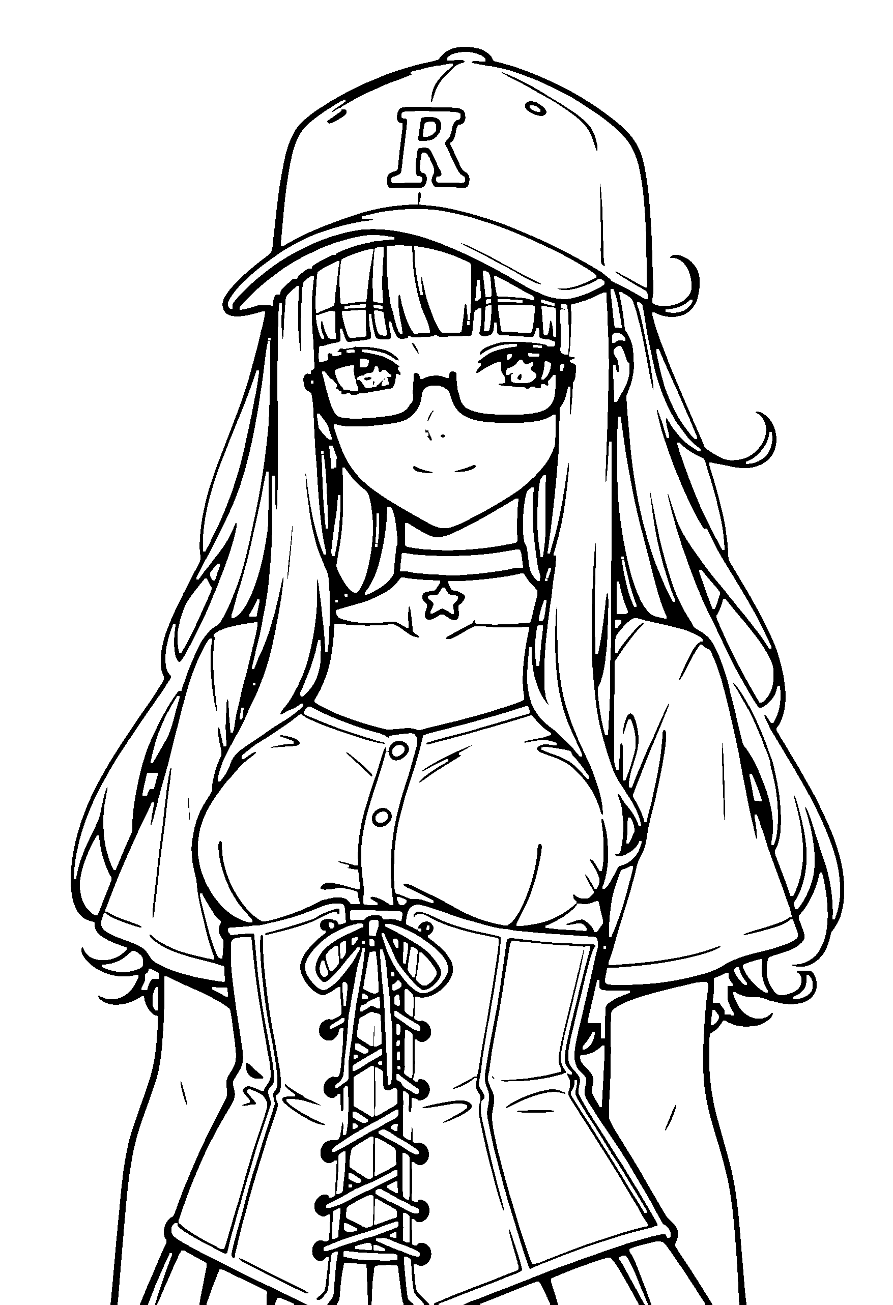 Black and white line art coloring page of an anime girl with long hair, corset, cap, glasses, choker and smiling
