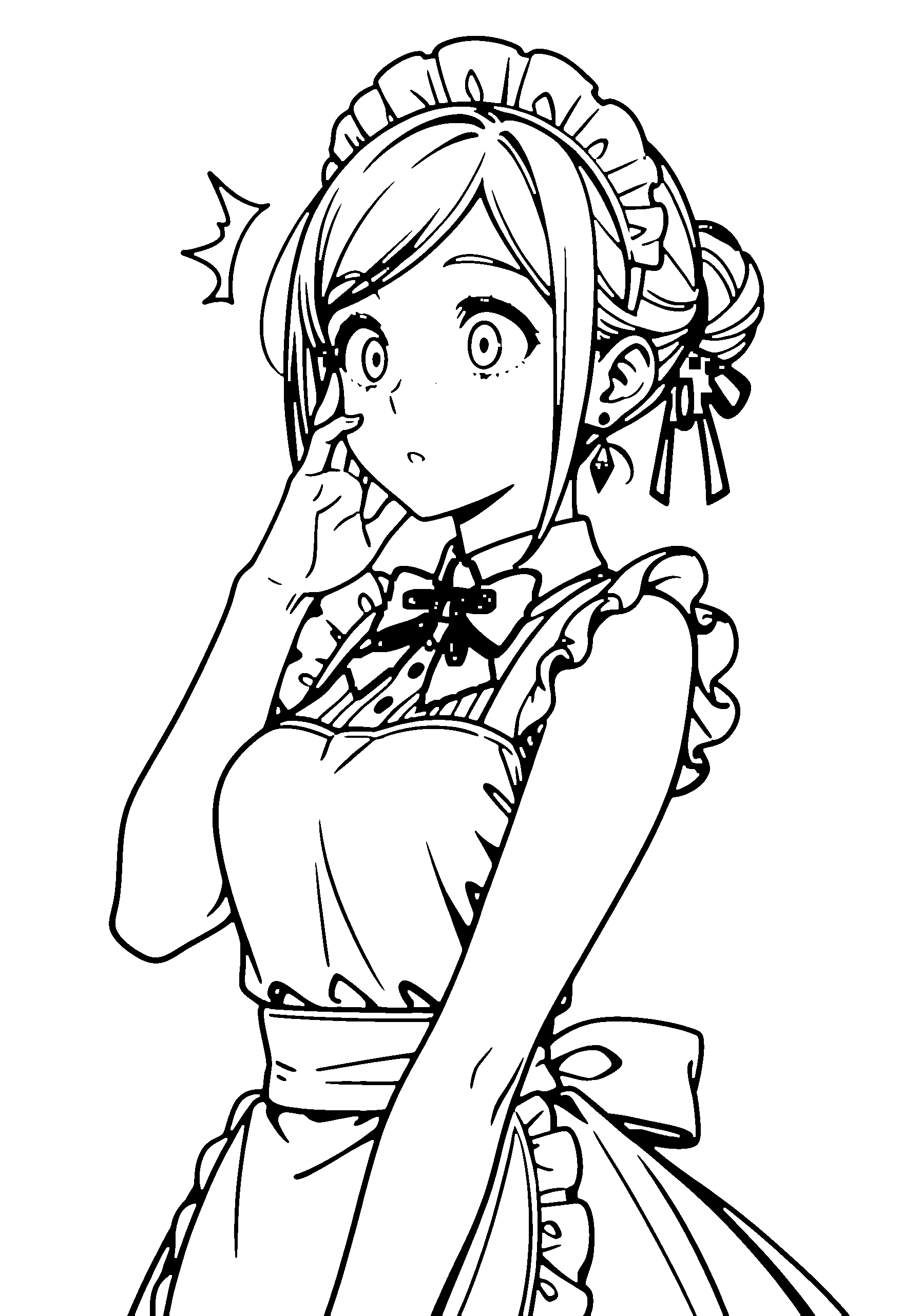 Black and white line art coloring page of an anime girl with maid outfit, long hair, hair bun, dress, bow tie and surprised