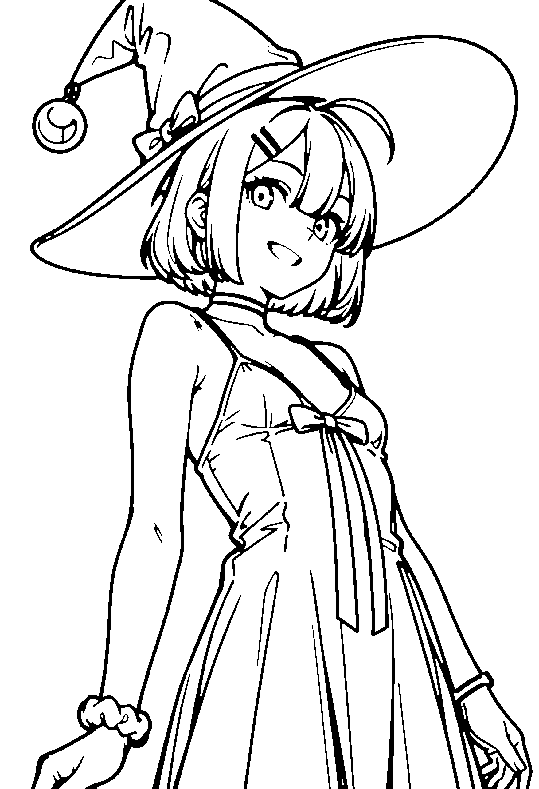 Black and white line art coloring page of an anime girl with witch outfit, bob cut, hair bun, dress, choker and grinning