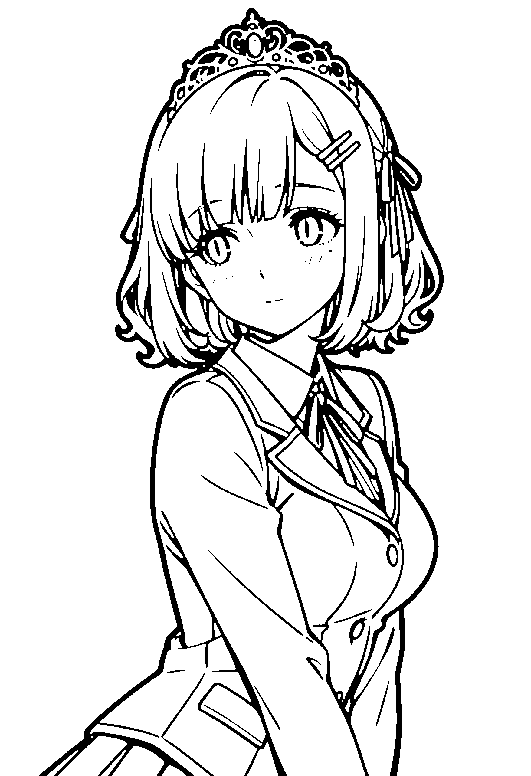 Black and white line art coloring page of an anime girl with bob cut, wavy hair, school uniform, tiara and shy