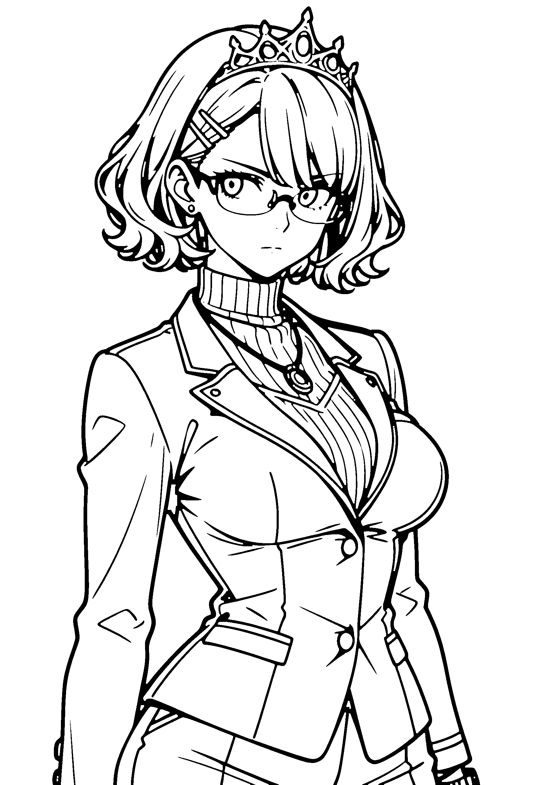 Black and white line art coloring page of an anime girl with bob cut, wavy hair, school uniform, tiara, glasses, necklace and serious