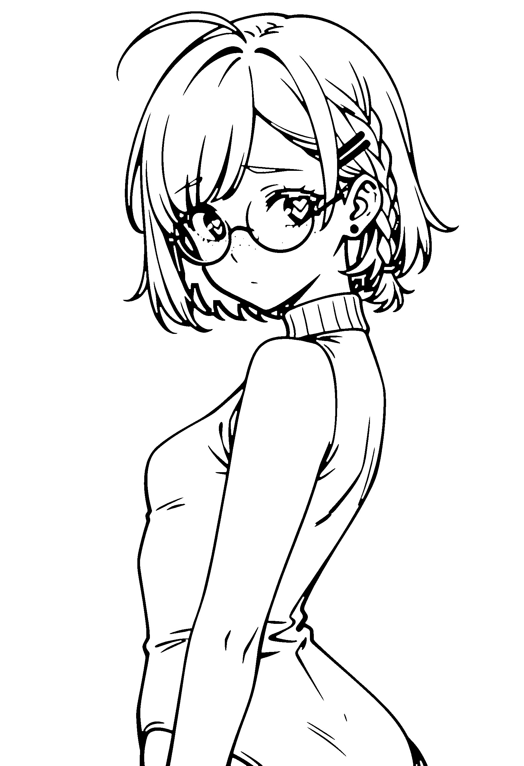 Black and white line art coloring page of an anime girl with medium hair, braid, turtleneck, glasses, choker and shy