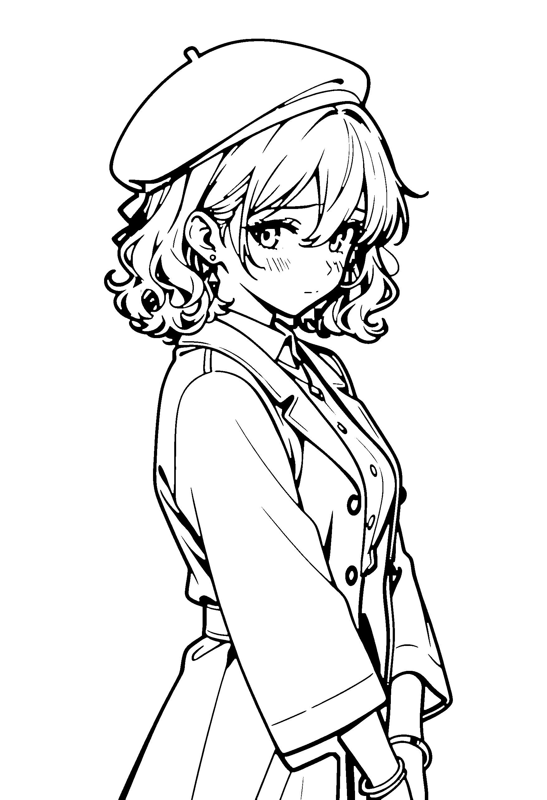 Black and white line art coloring page of an anime girl with medium hair, wavy hair, collared shirt, beret, necklace and shy