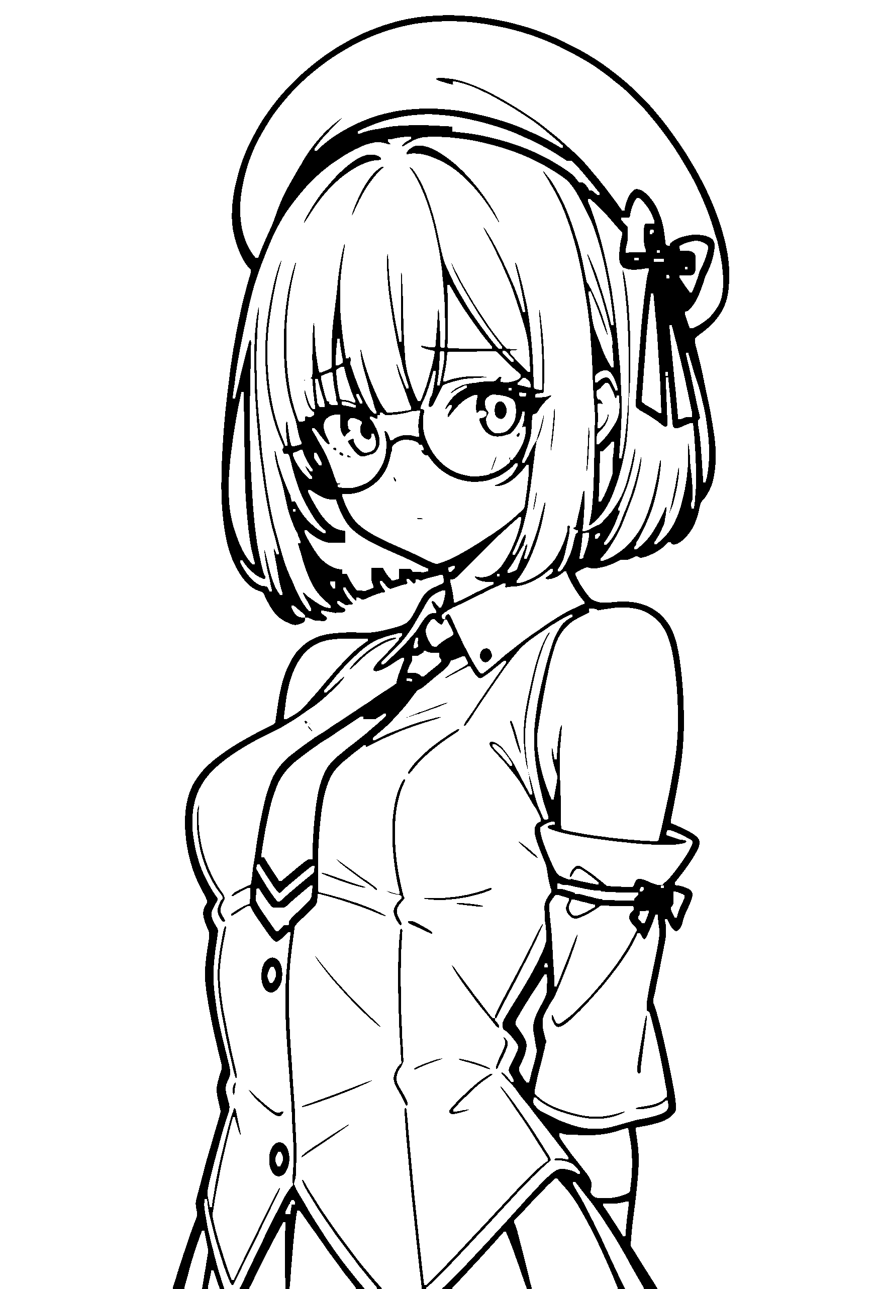 Black and white line art coloring page of an anime girl with bob cut, collared shirt, beret, glasses, ribbon and shy