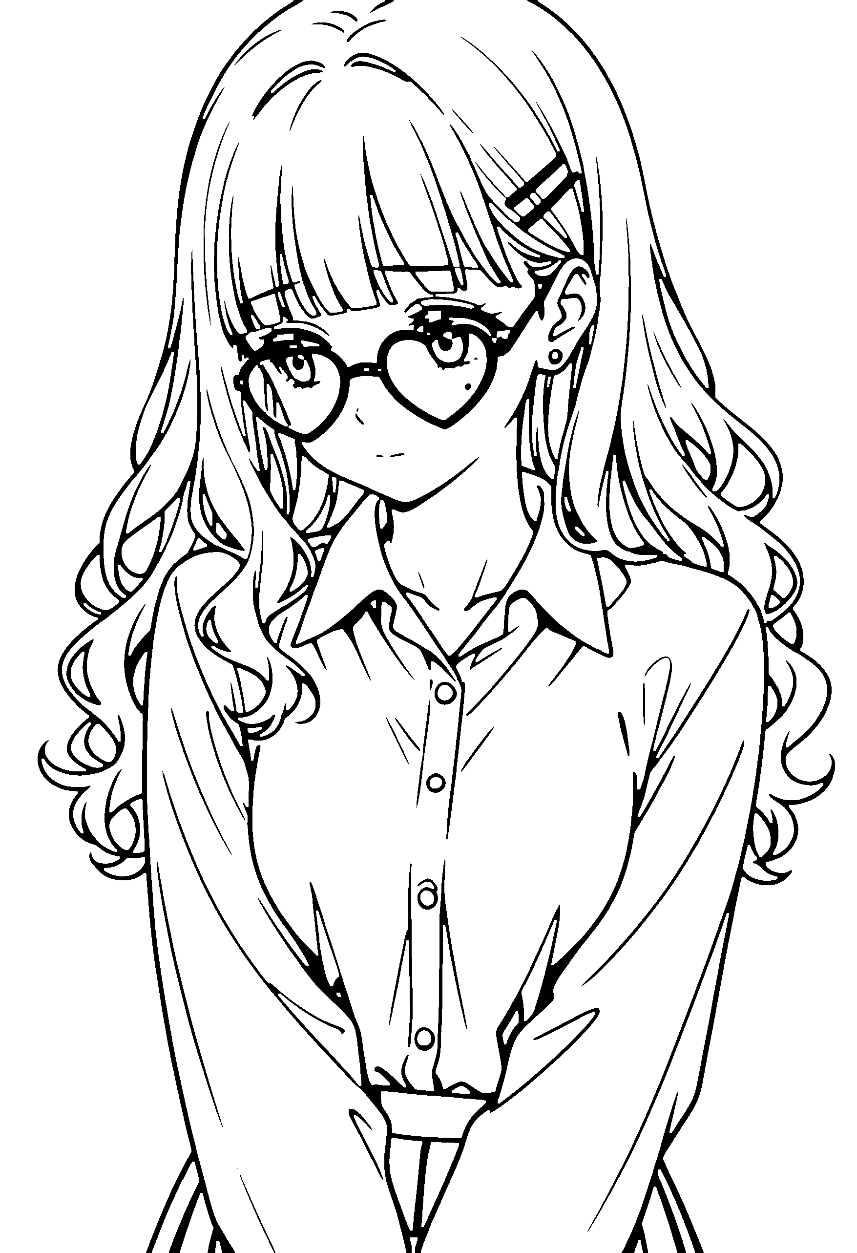 Black and white line art coloring page of an anime girl with long hair, wavy hair, collared shirt, glasses and shy