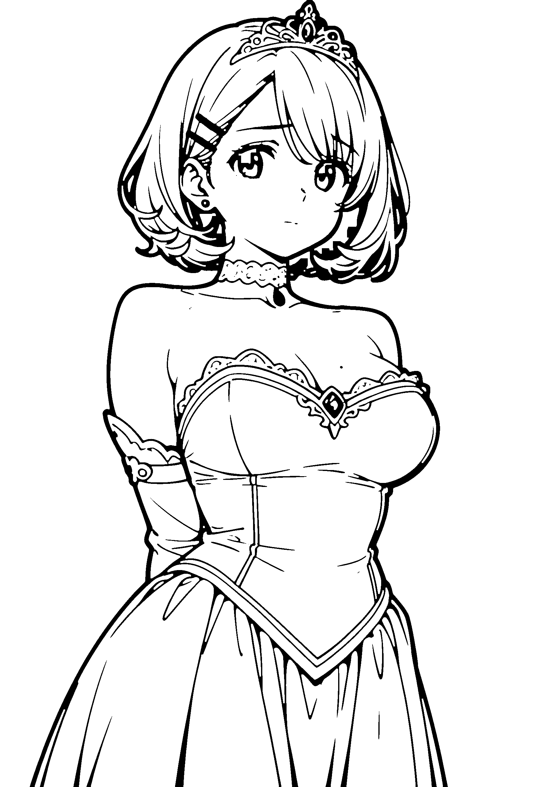 Black and white line art coloring page of an anime girl with princess dress, bob cut, wavy hair, dress, tiara, choker and shy