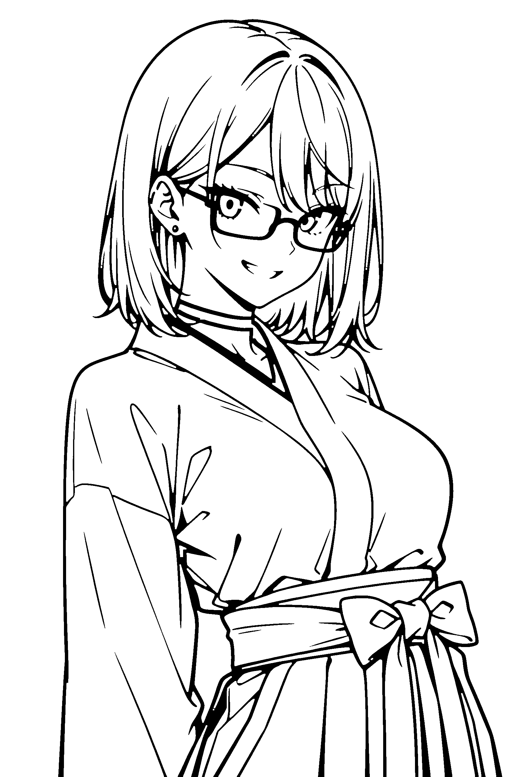 Black and white line art coloring page of an anime girl with medium hair, kimono, glasses, choker and grinning