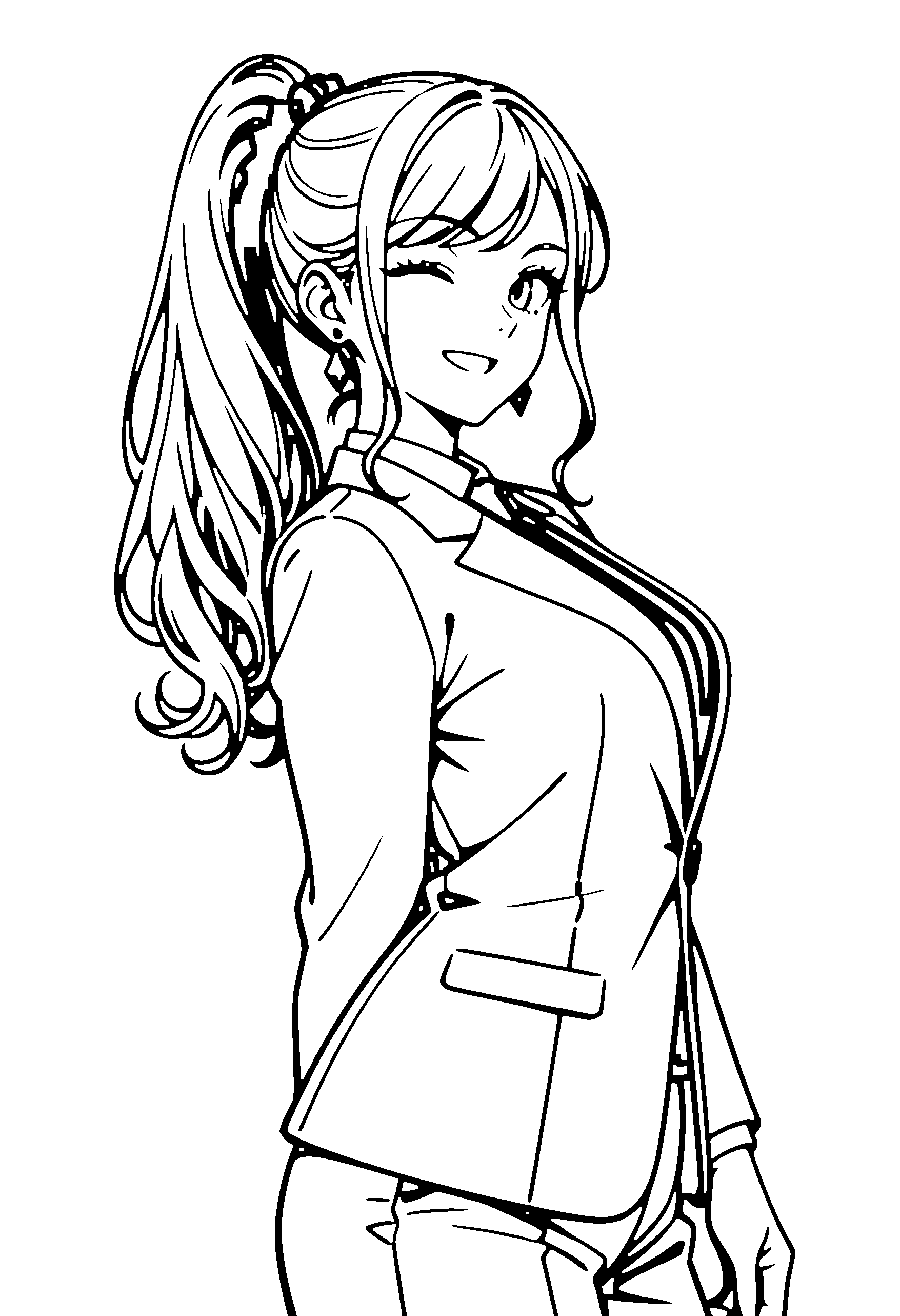 Black and white line art coloring page of an anime girl with long hair, ponytail, suit and smiling