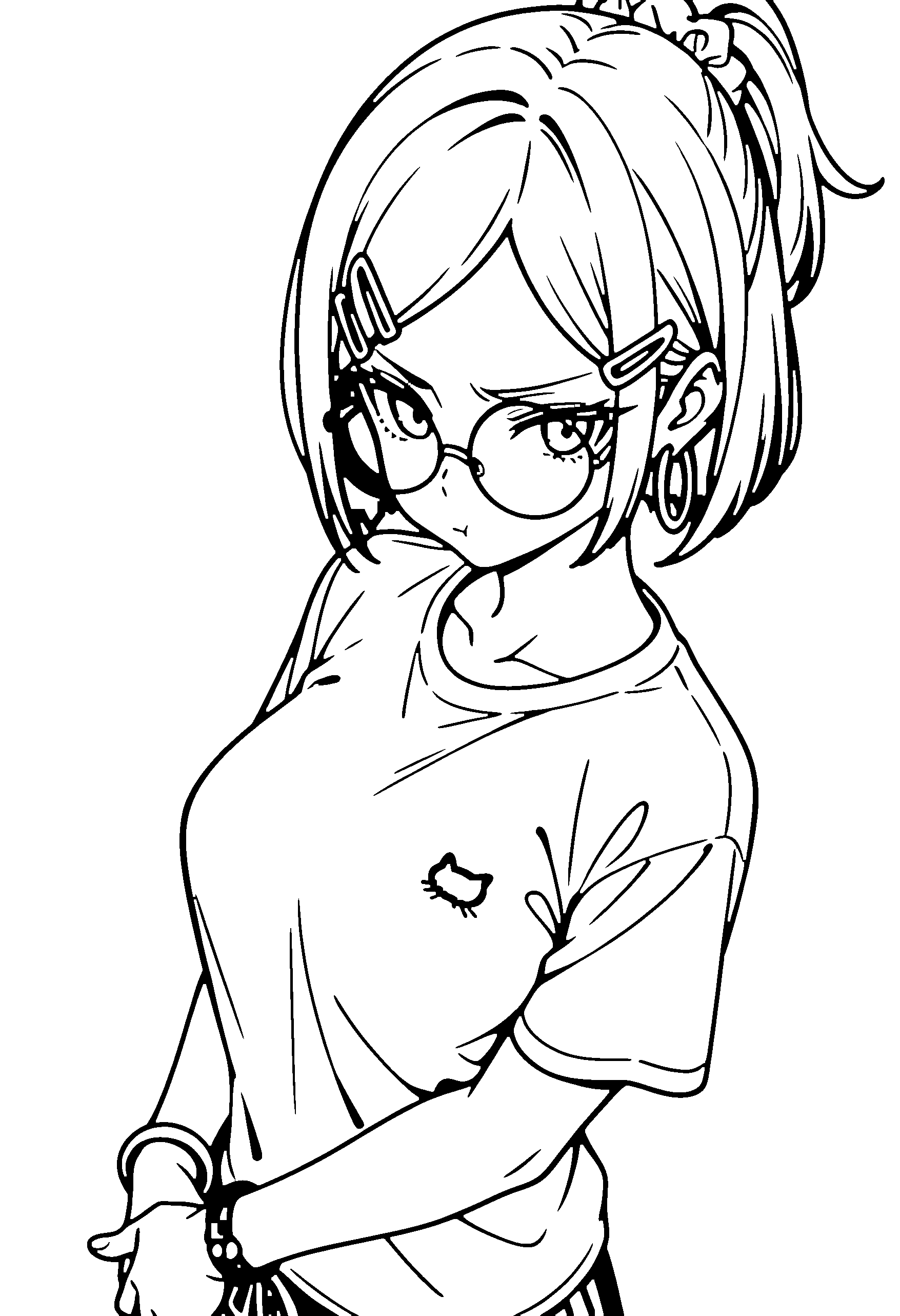 Black and white line art coloring page of an anime girl with bob cut, ponytail, t-shirt, glasses and frowning