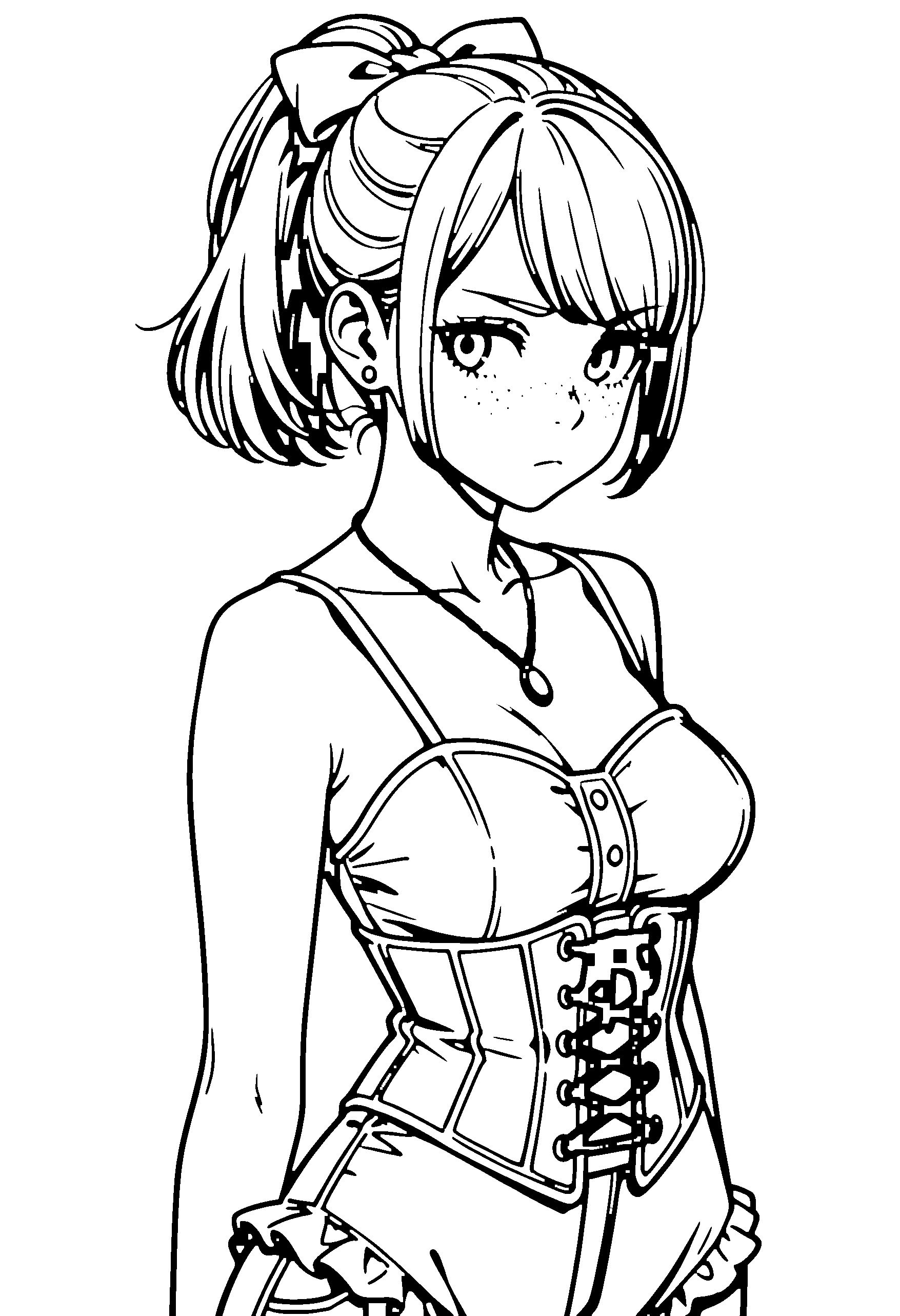 Black and white line art coloring page of an anime girl with bob cut, ponytail, corset, necklace and frowning