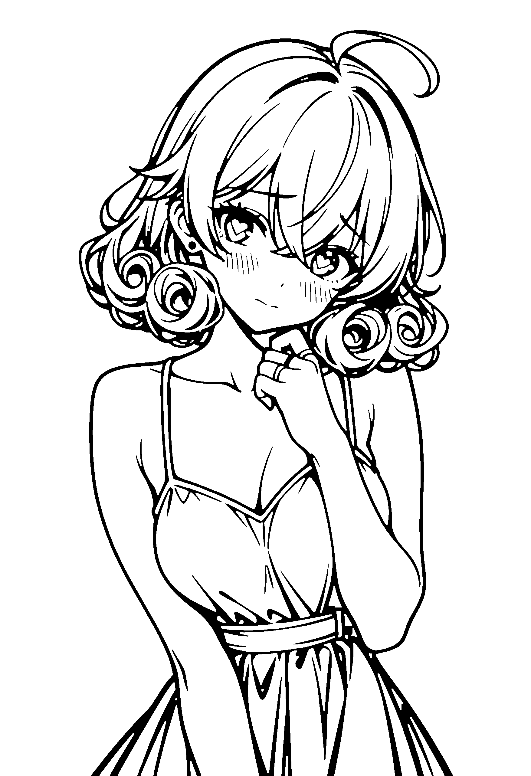 Black and white line art coloring page of an anime girl with medium hair, curly hair, dress and shy