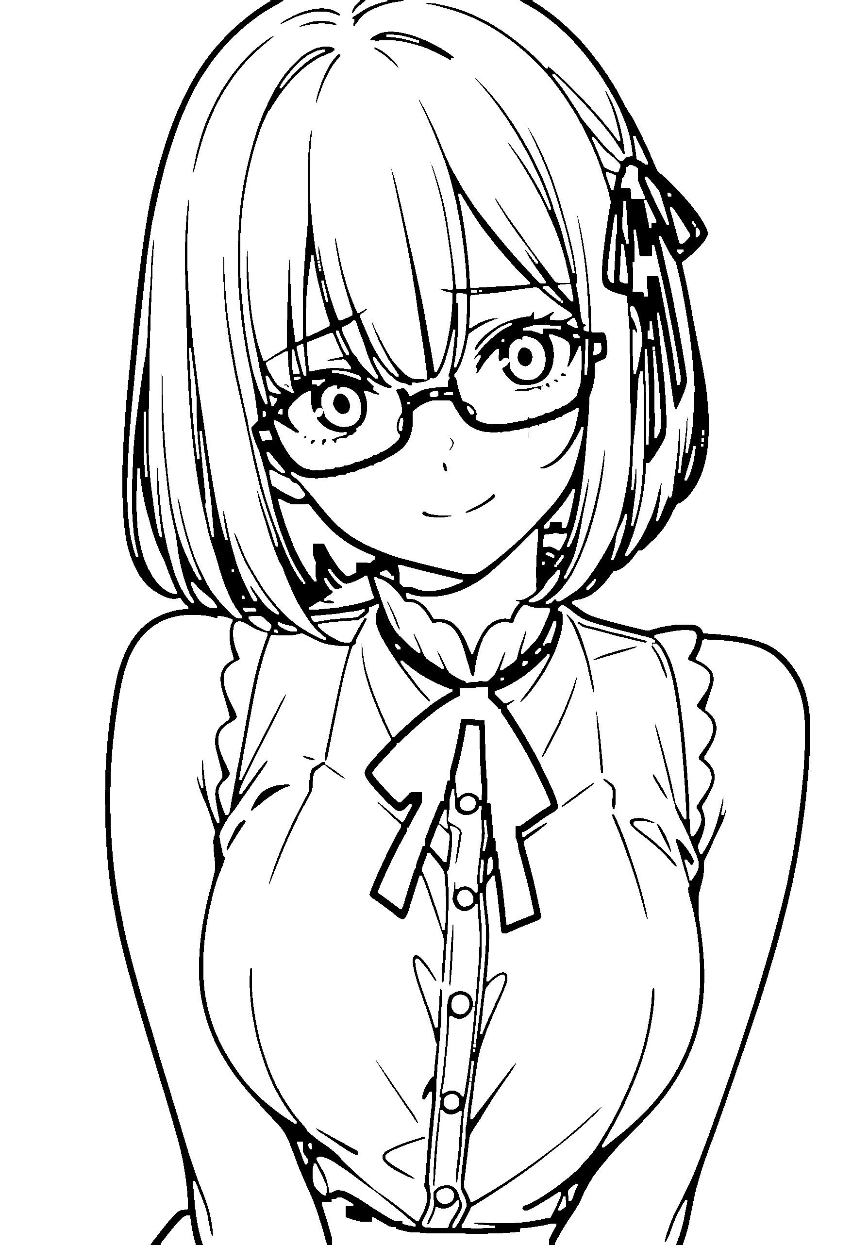 Black and white line art coloring page of an anime girl with bob cut, shirt, glasses, ribbon and shy