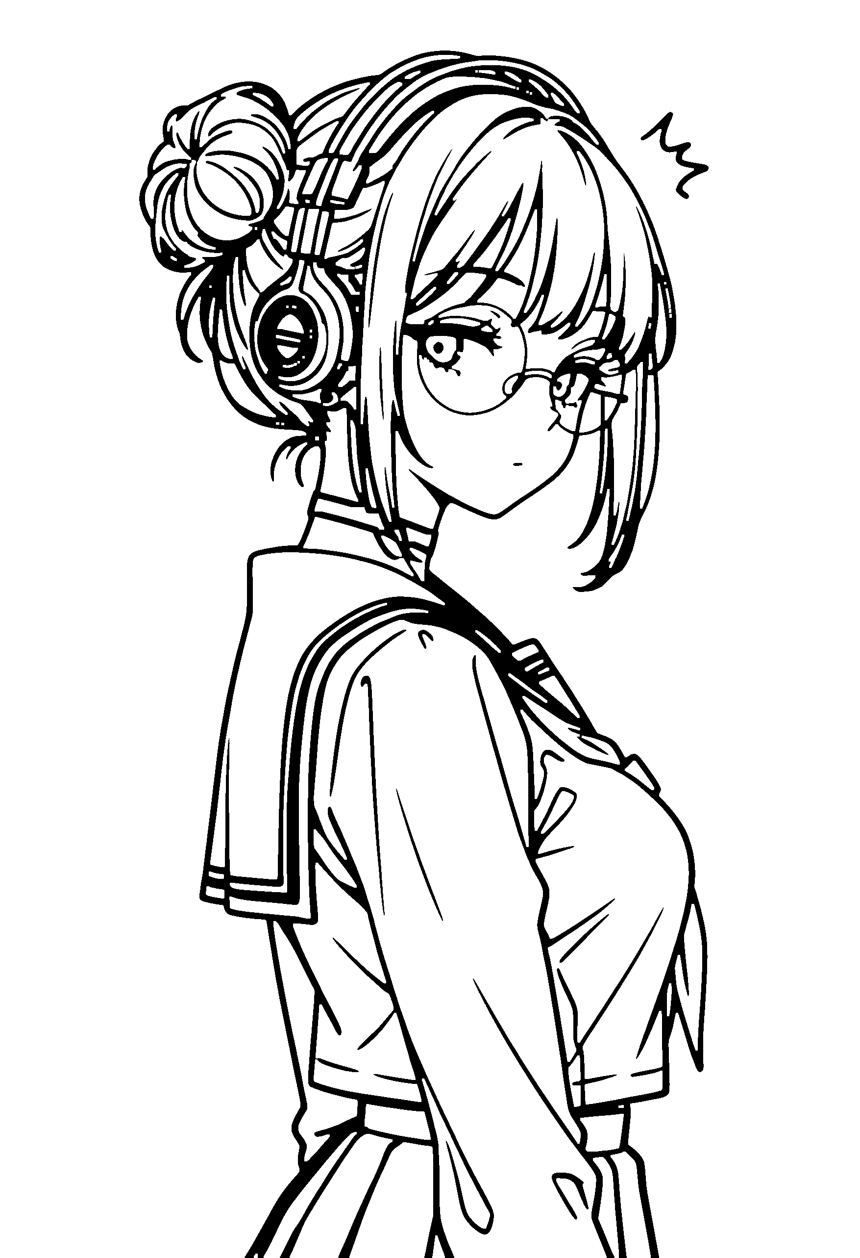 Black and white line art coloring page of an anime girl with medium hair, hair bun, school uniform, headphones, glasses, choker and surprised