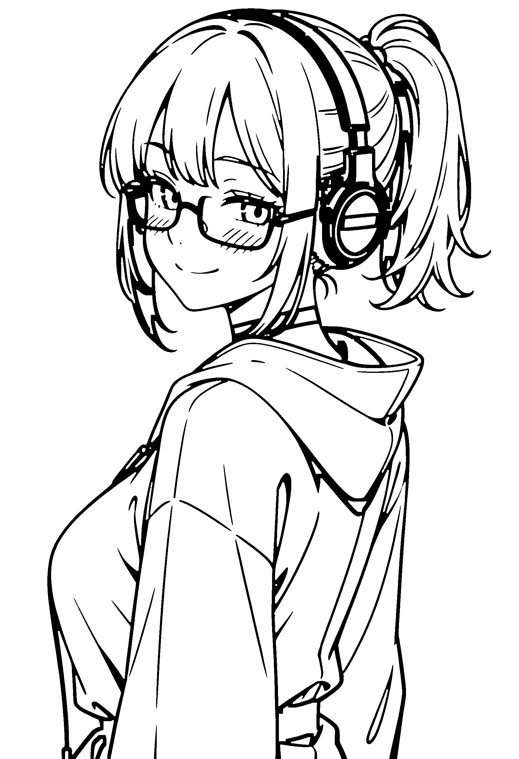 Black and white line art coloring page of an anime girl with medium hair, ponytail, robe, headphones, glasses, choker and smiling