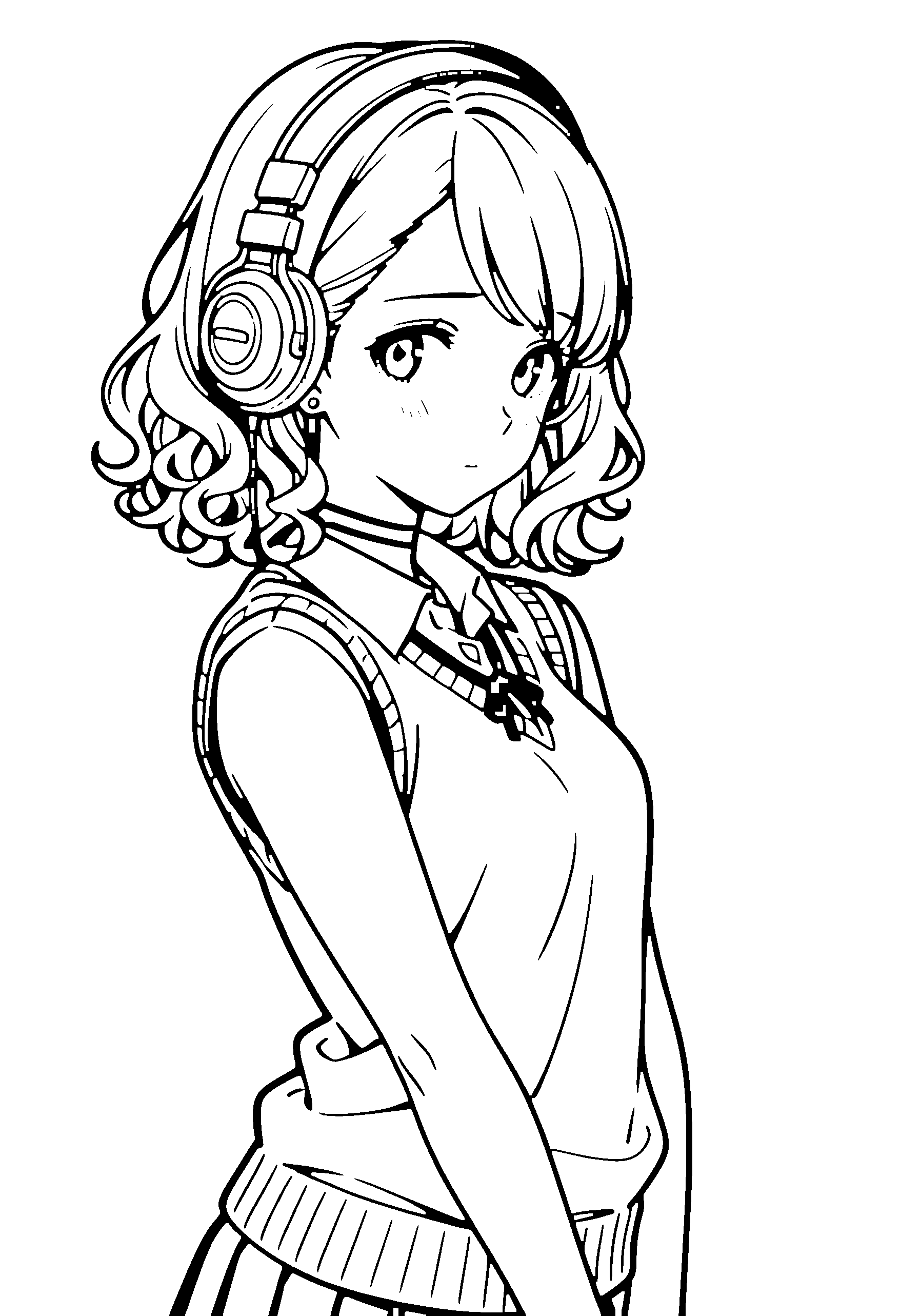 Black and white line art coloring page of an anime girl with medium hair, wavy hair, sweater vest, headphones, choker and shy
