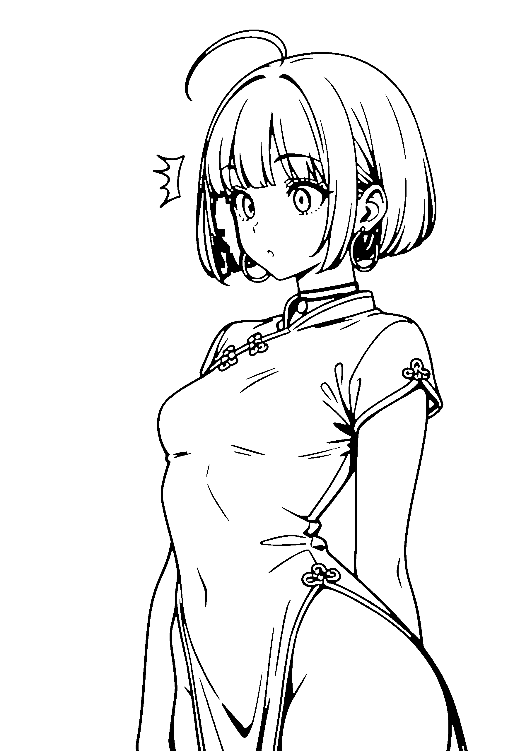 Black and white line art coloring page of an anime girl with bob cut, chinese dress, choker and surprised