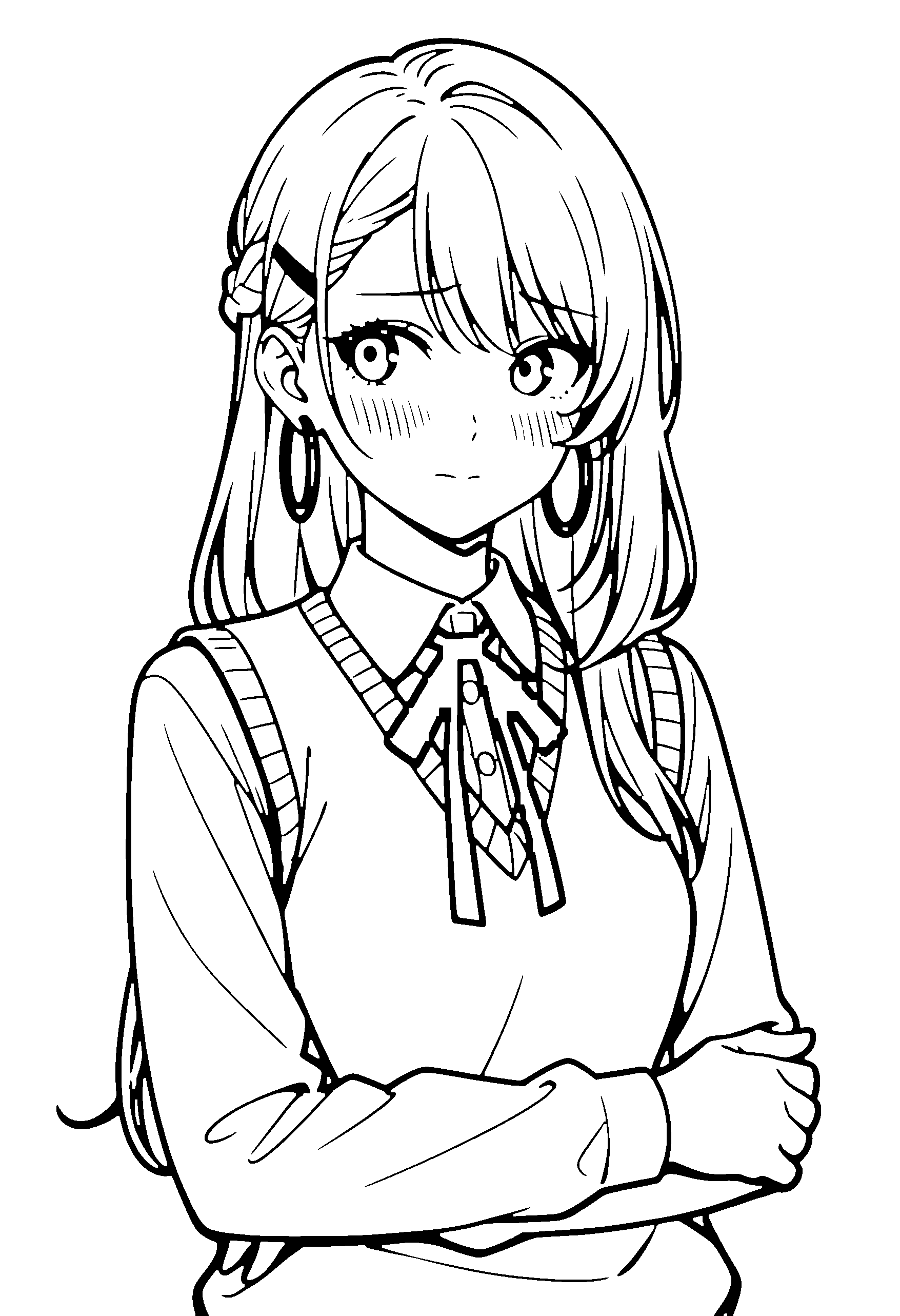 Black and white line art coloring page of an anime girl with long hair, braid, sweater vest, ribbon and shy