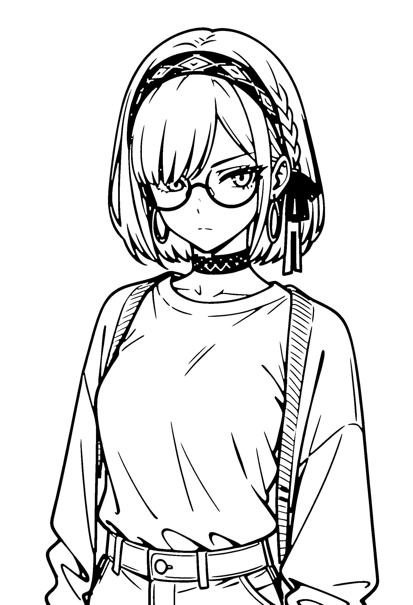 Black and white line art coloring page of an anime girl with medium hair, braid, cardigan, headband, glasses, choker and serious