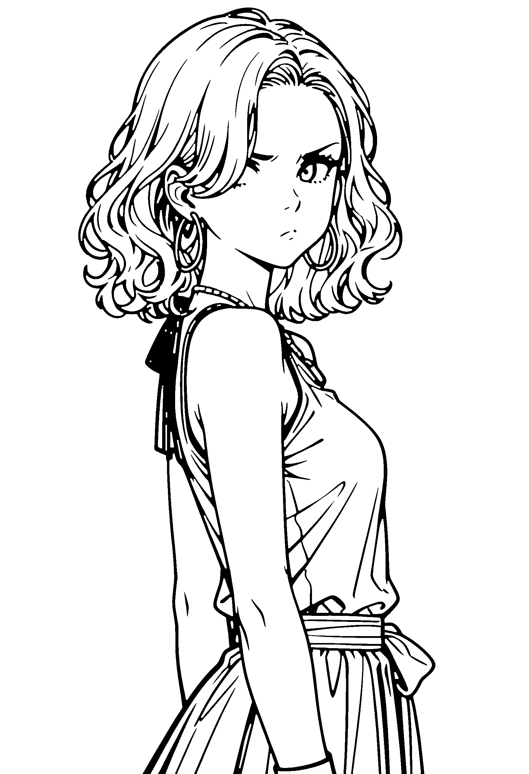 Black and white line art coloring page of an anime girl with medium hair, wavy hair, shirt, necklace and frowning