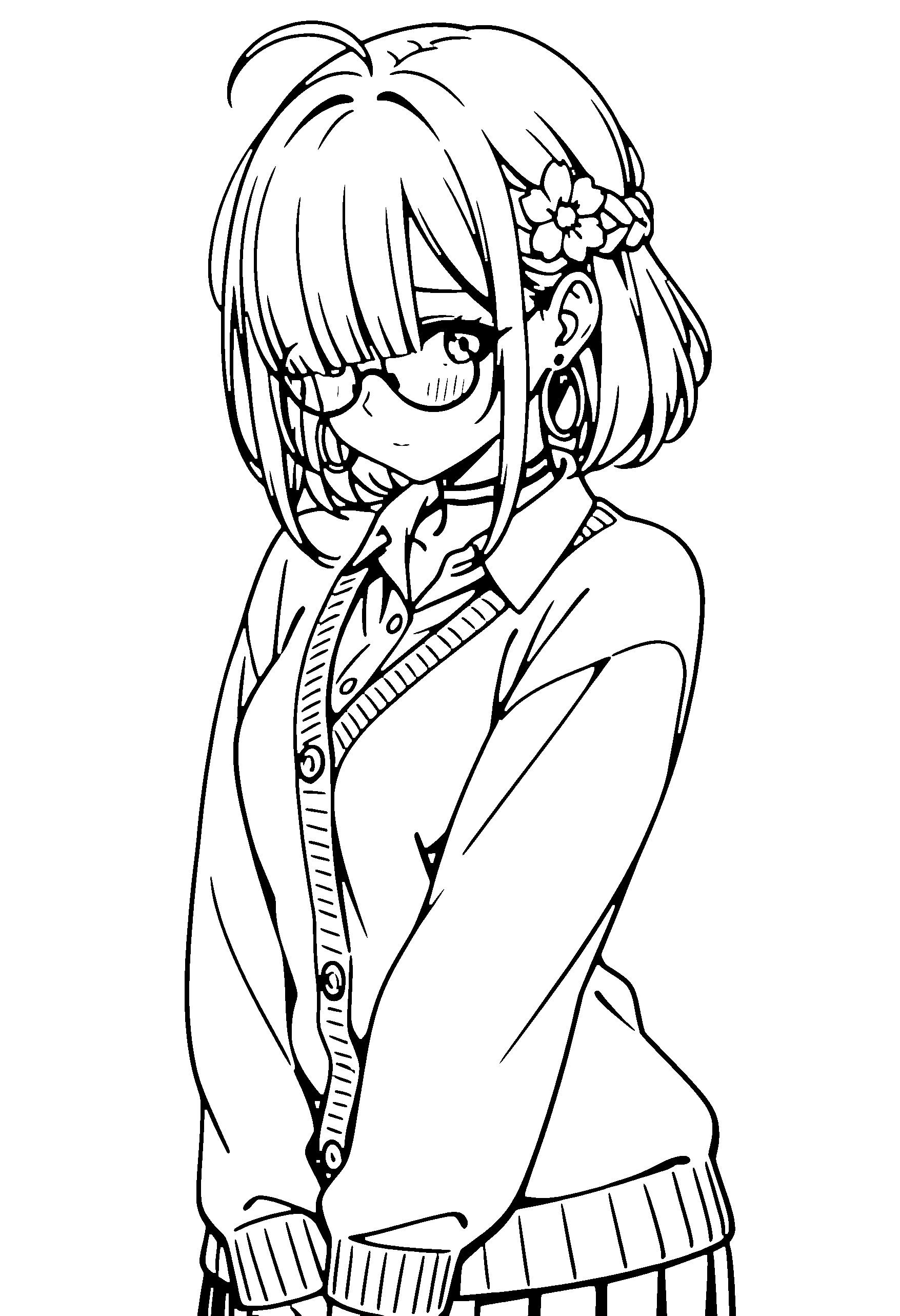 Black and white line art coloring page of an anime girl with medium hair, braid, collared shirt, hair flower, glasses, choker and shy