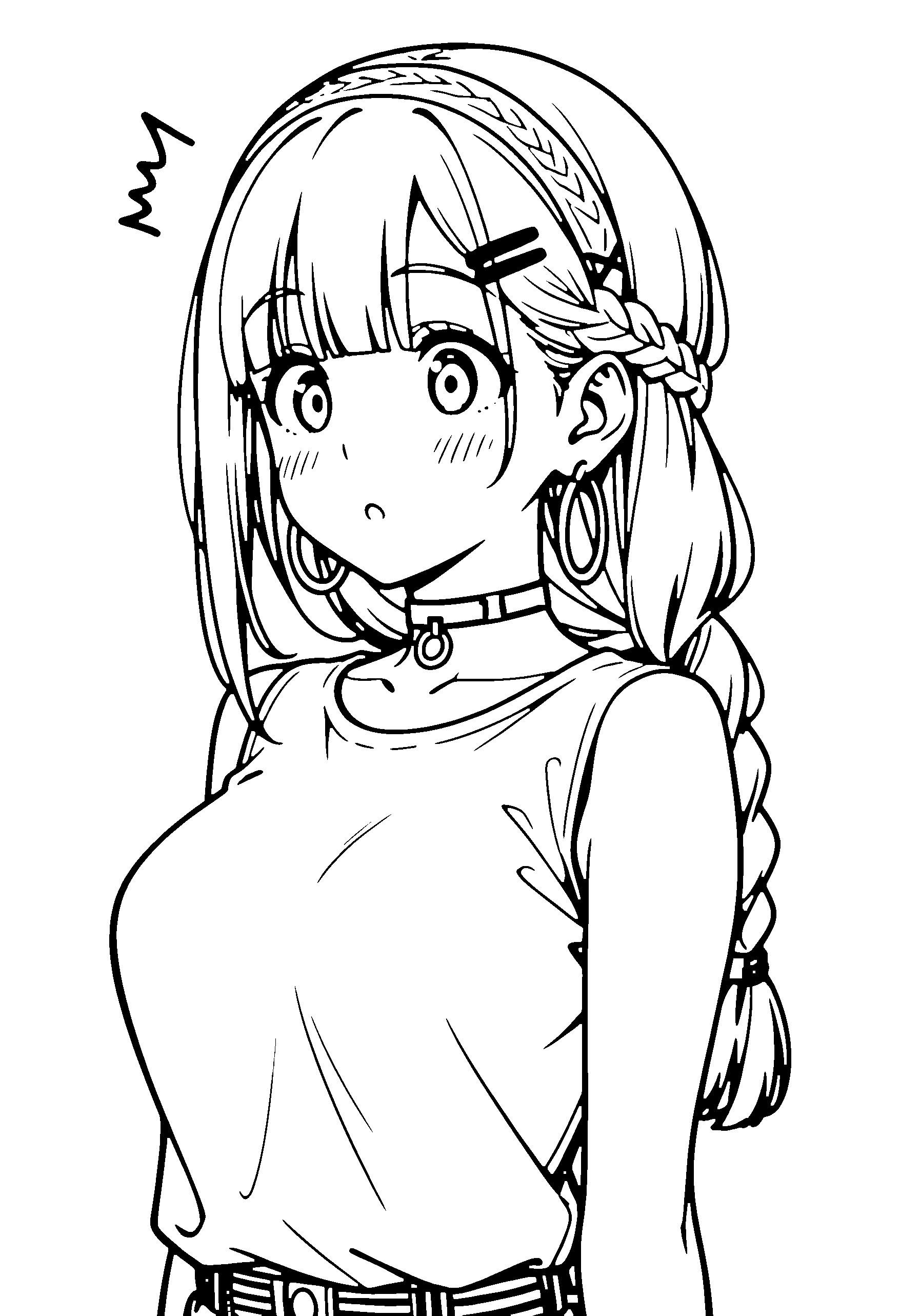 Black and white line art coloring page of an anime girl with long hair, braid, t-shirt, headband, choker and surprised