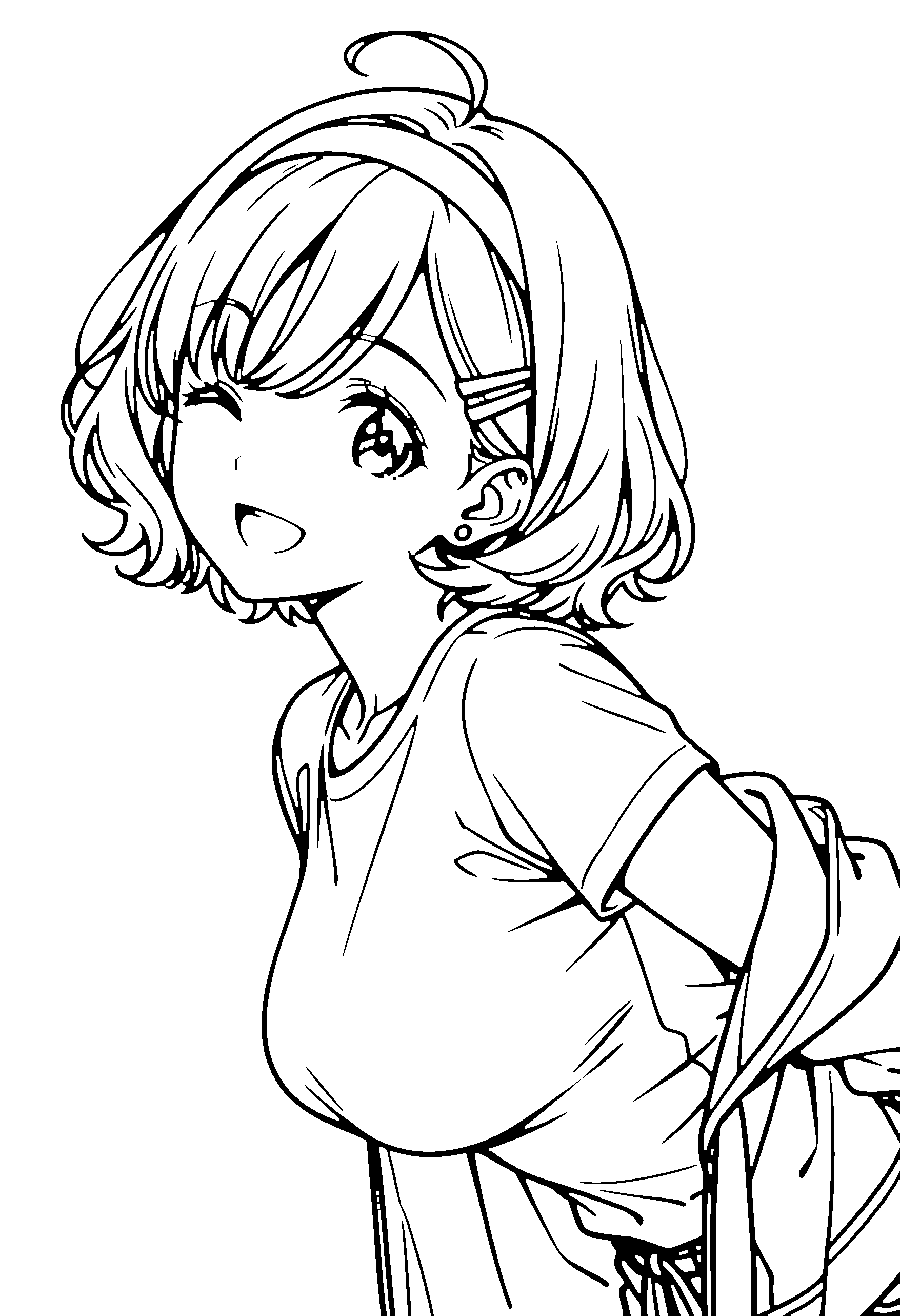 Black and white line art coloring page of an anime girl with bob cut, wavy hair, jacket, headband and smiling