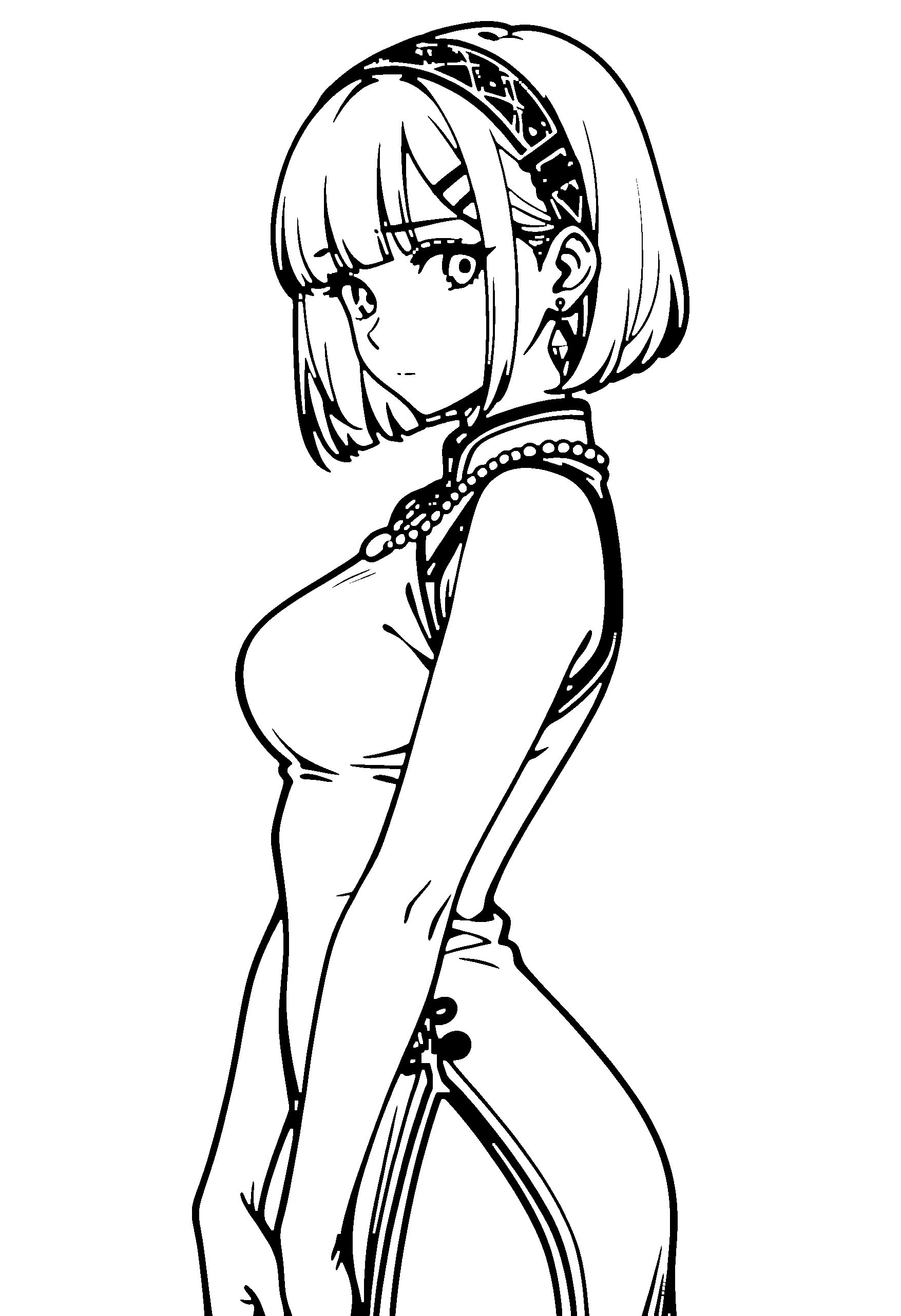 Black and white line art coloring page of an anime girl with bob cut, chinese dress, headband, necklace and shy