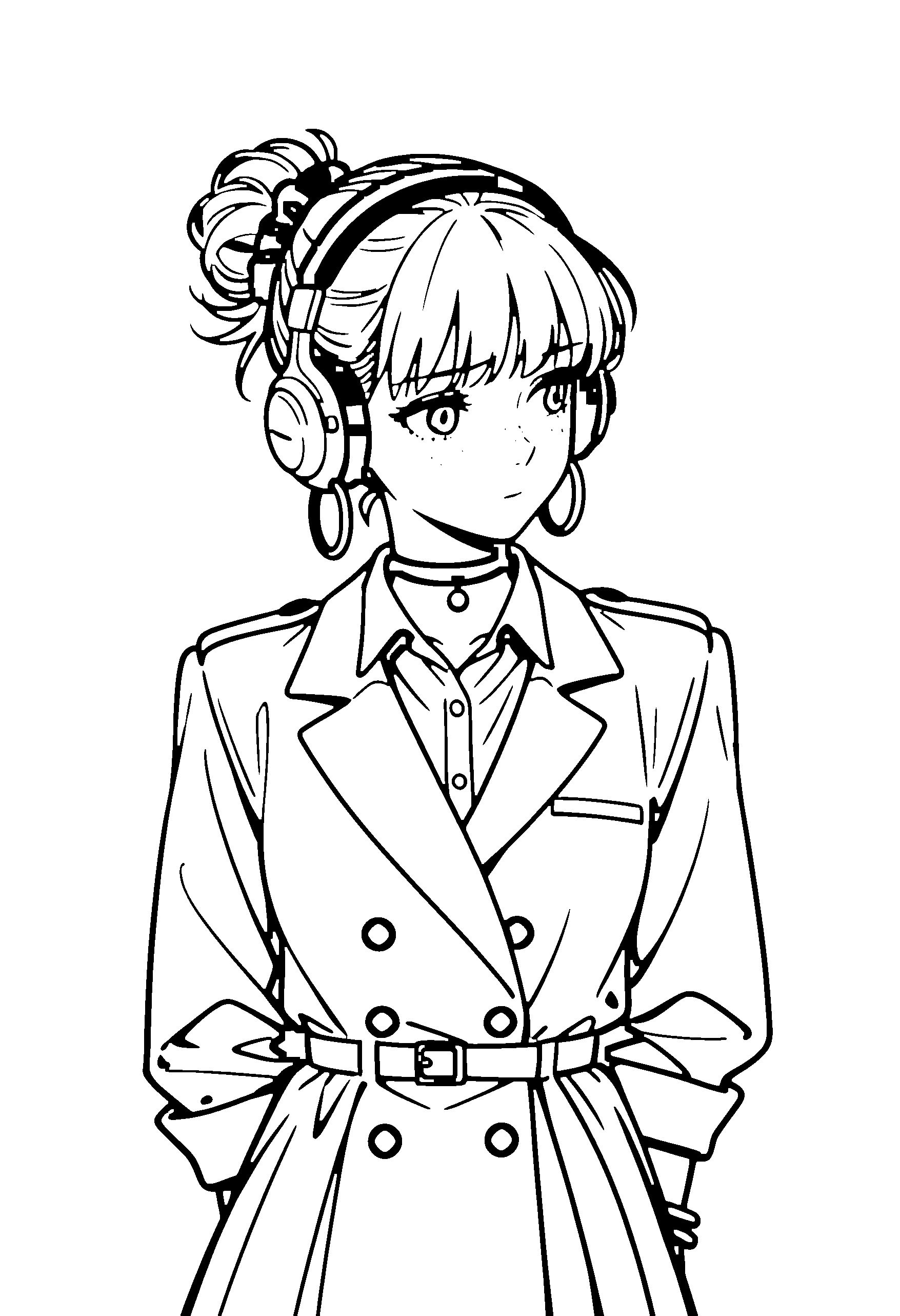 Black and white line art coloring page of an anime girl with medium hair, hair bun, collared shirt, headphones, choker and shy