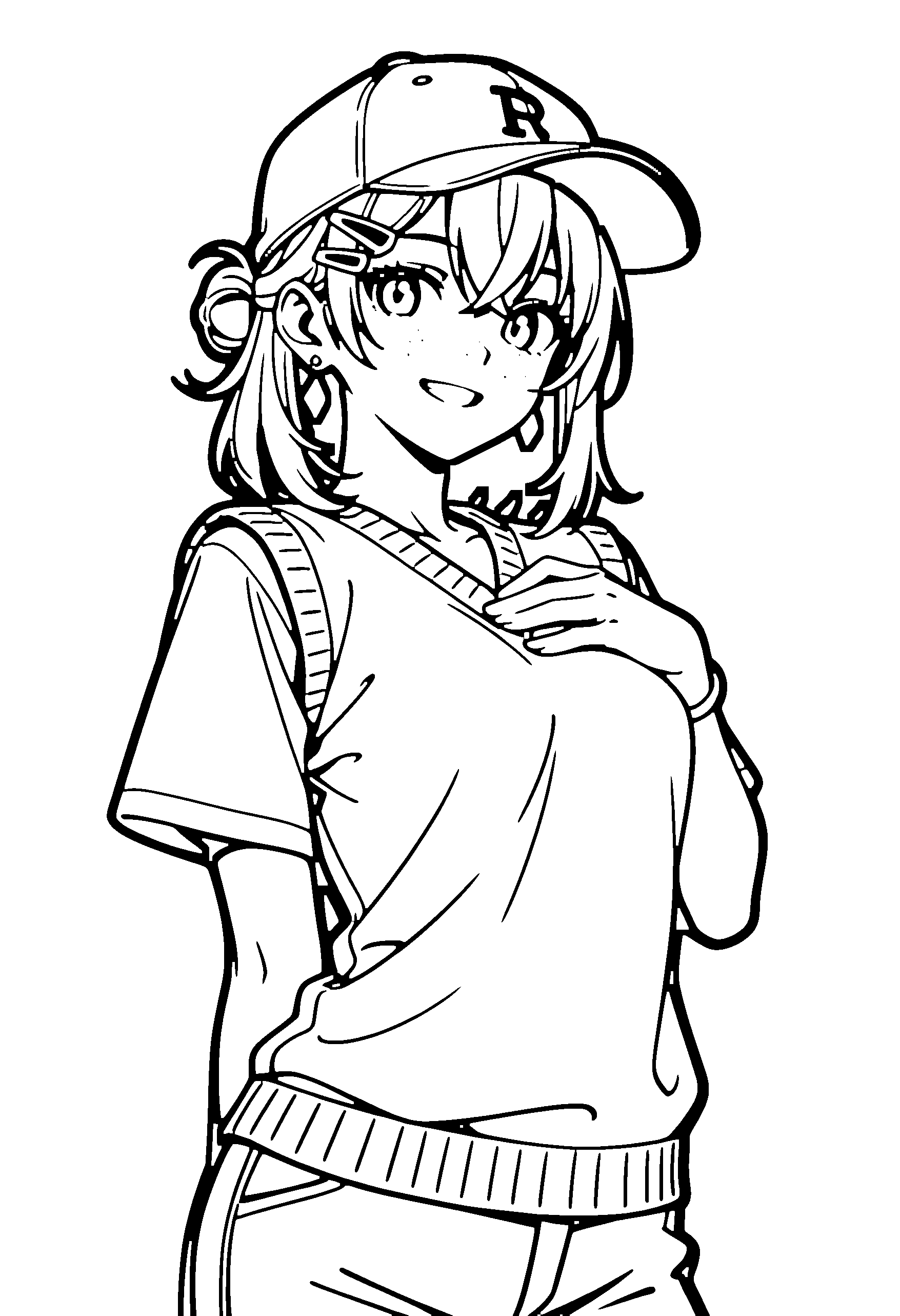 Black and white line art coloring page of an anime girl with medium hair, hair bun, sweater vest, cap and grinning